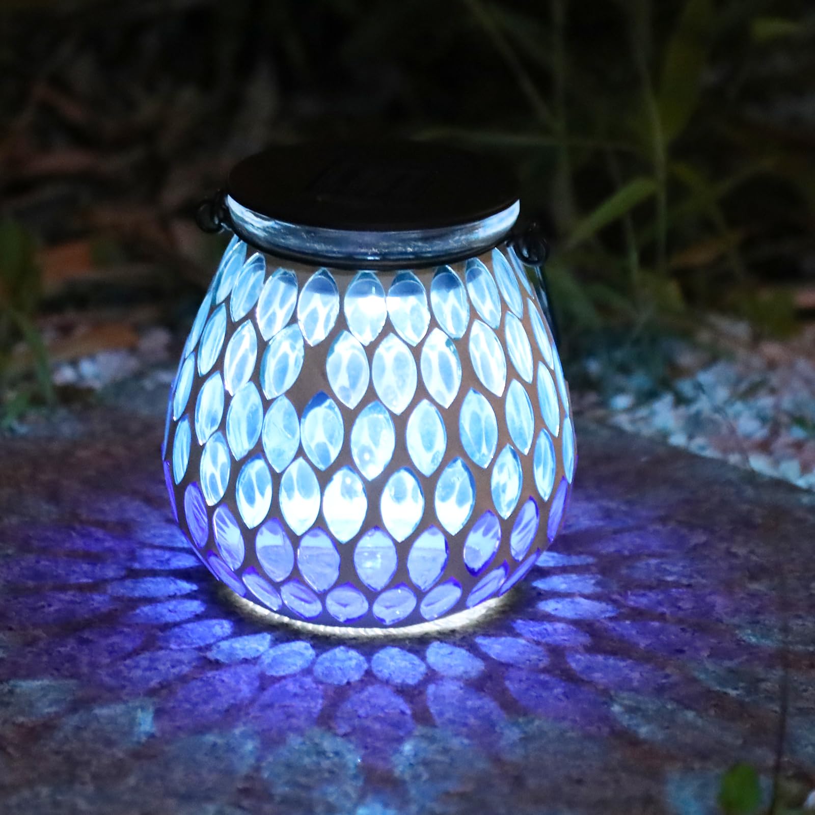 Afirst Mosaic Solar Lantern - Ocean Blue Glass Hanging Light for Garden & Patio, Model 5009420, Waterproof Decorative Outdoor Decoration