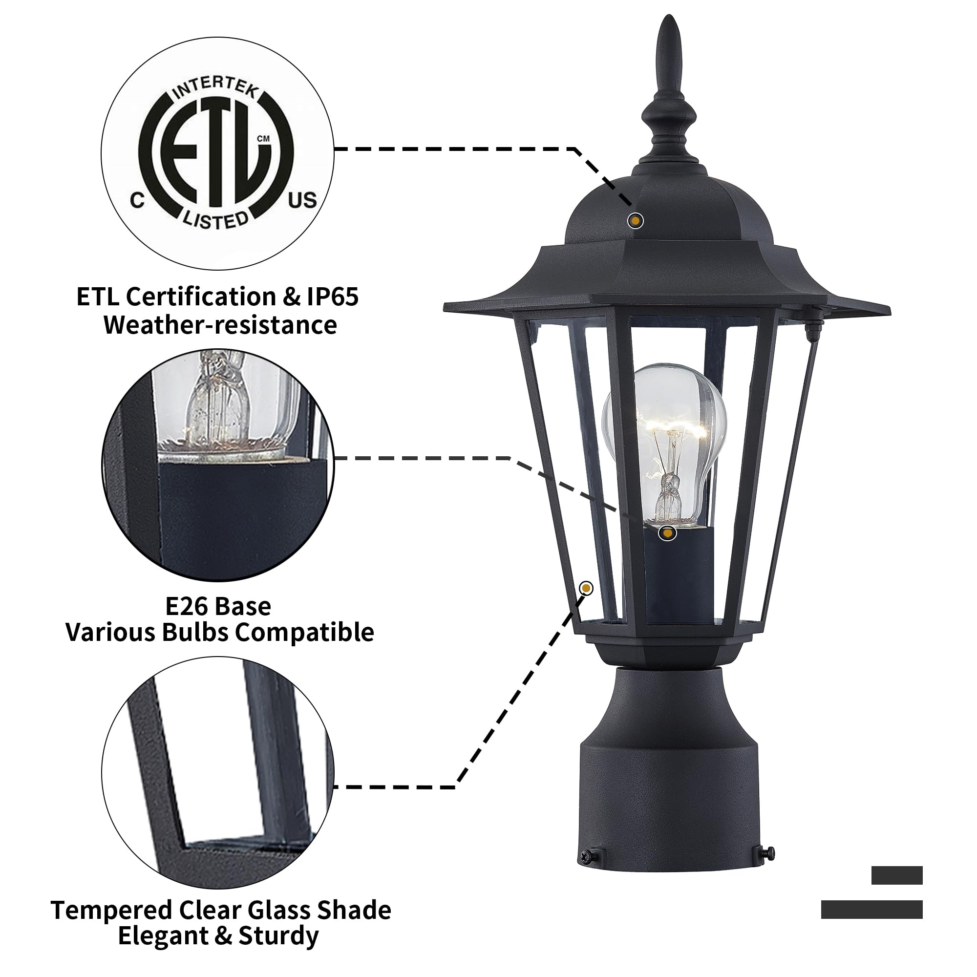 Outdoor Post Lights, Lamp Post Light Fixture With E26 Socket, Exterior Post Lantern With Clear Glass Shade, Pillar Outside Light