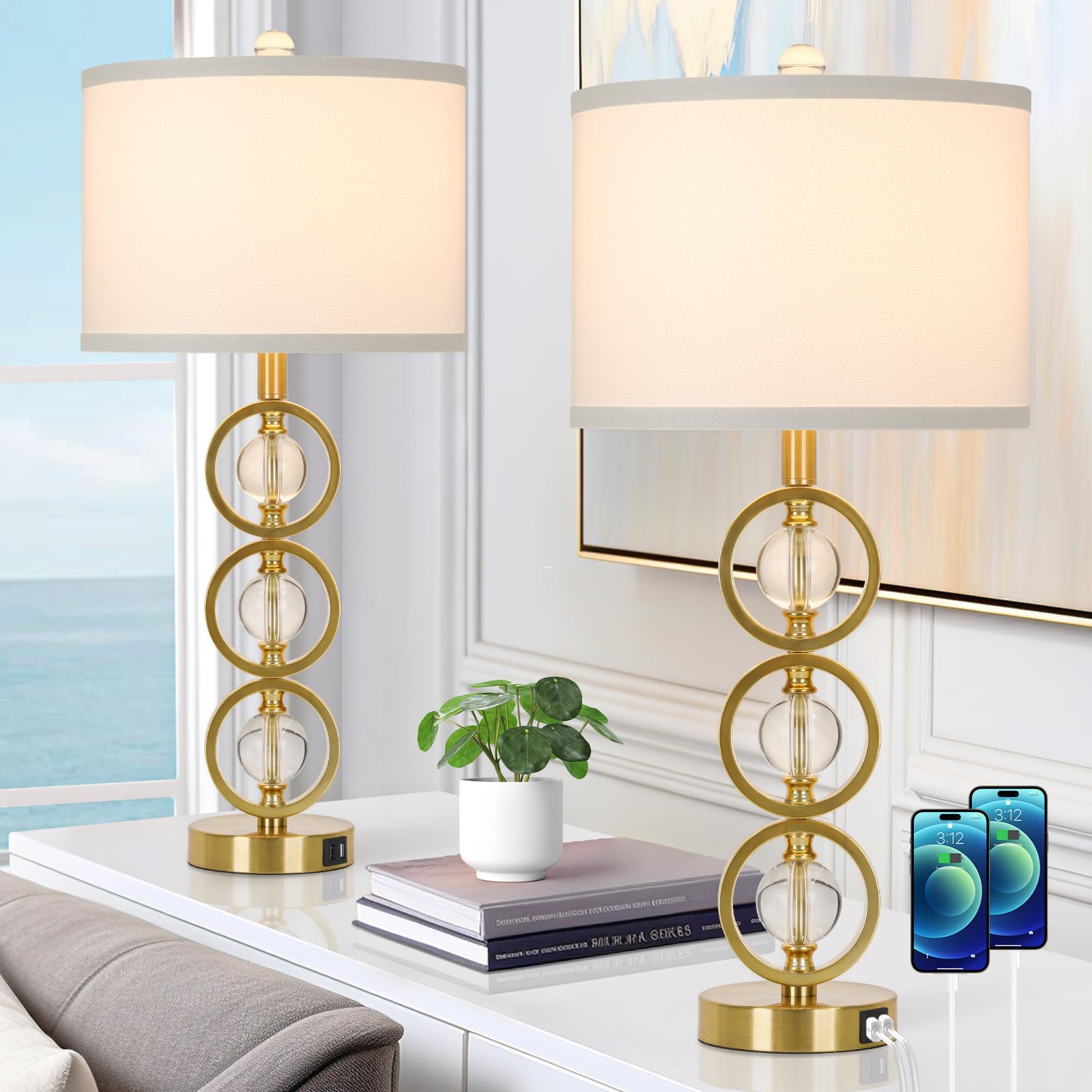 Set Of 2 Modern Gold Table Lamps With 2 Usb Charging Ports, 27 Tall Crystal Bedside Nightstand Lamp With White Fabric Shade, Gla