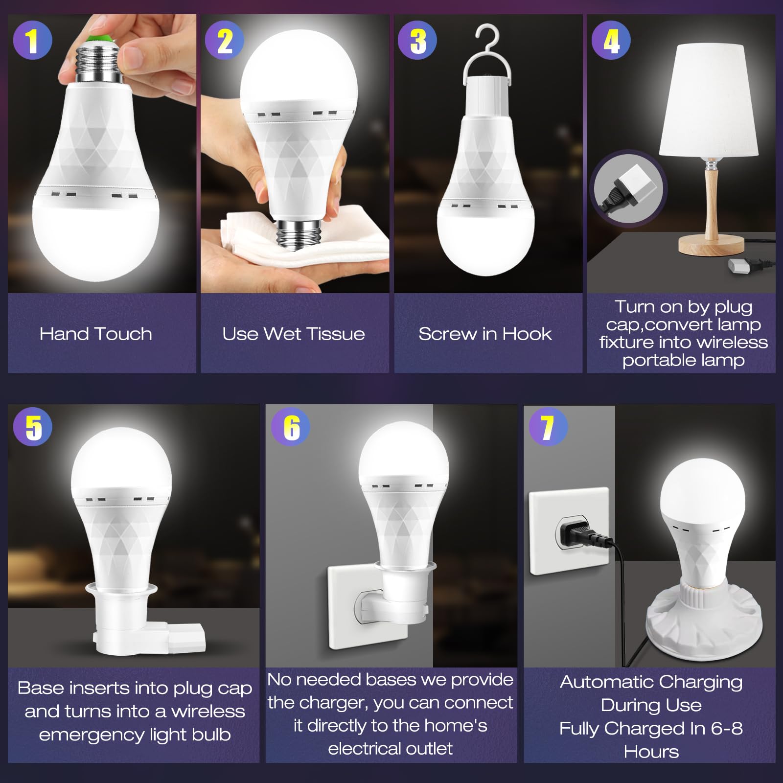 LHZHENG Emergency Rechargeable Light Bulbs, 12W 60W Equivalent, 1500mAh, White, 6 Pack, Model LHZSHLQ-4P