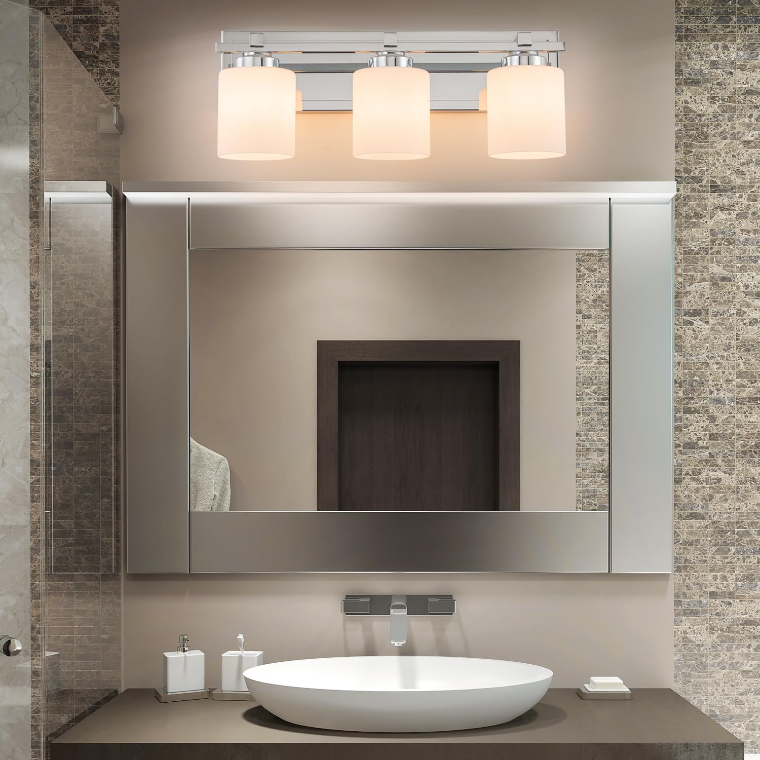 BrkNit 3-Light Chrome Bathroom Vanity Light Fixture Over Mirror with Milky White Glass Shades, E26 Socket - Model J0057-1