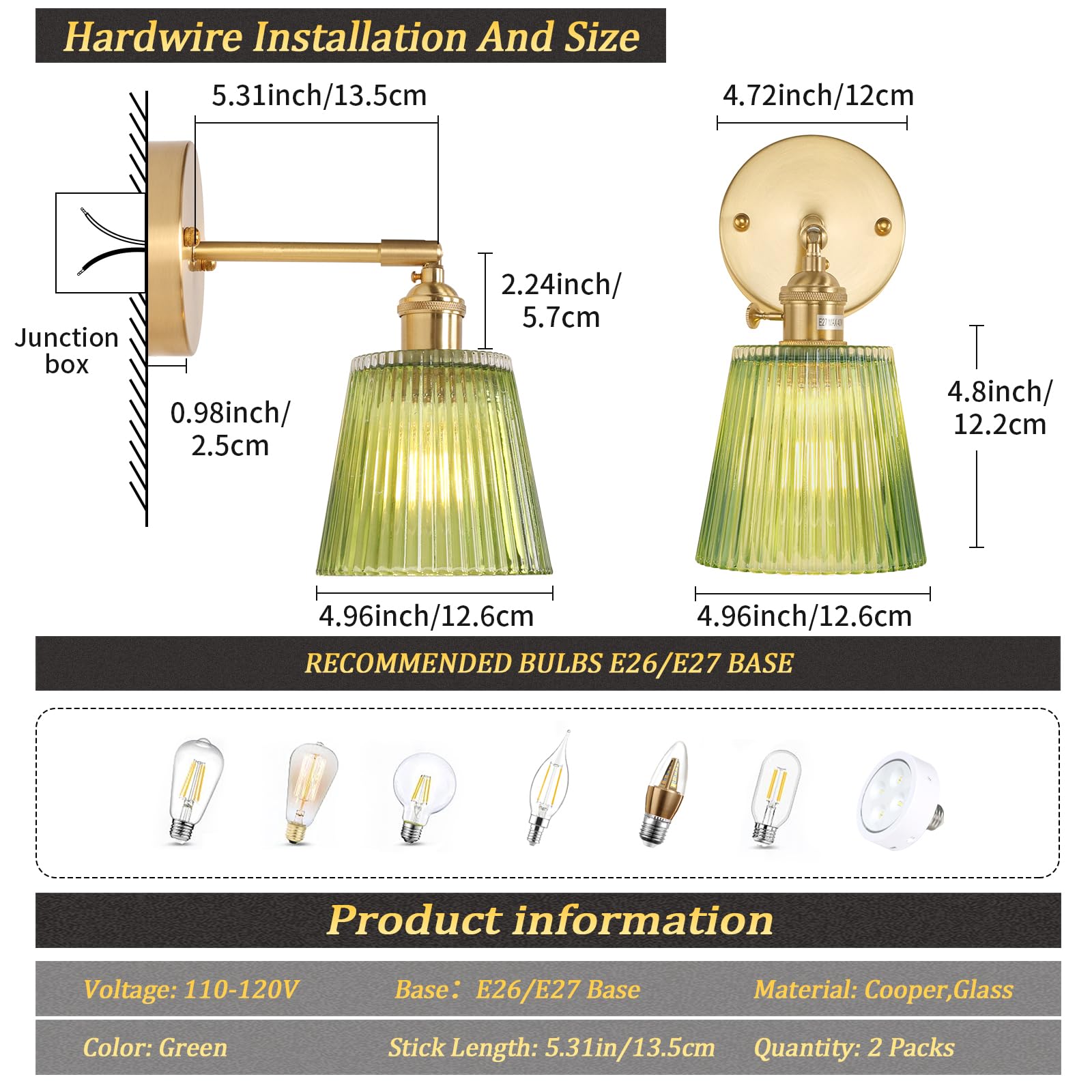 Shenmoyl Vintage Wall Sconces Set of 2, Green Stripe Glass, Hardwired, 180° Adjustable, Brass Lighting Fixture for Bedroom and Doorway