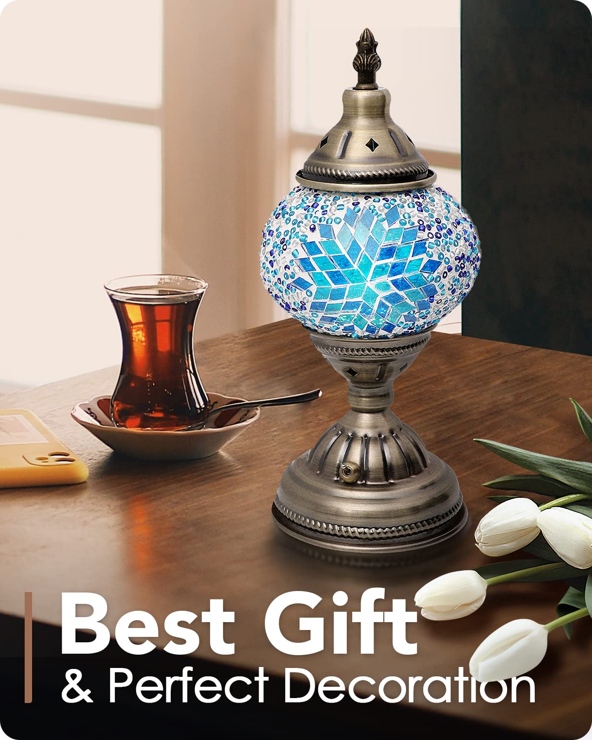 Yarra-Decor Turkish Moroccan Lamp, Handmade Tiffany Mosaic Glass, Rechargeable Led, Blue2