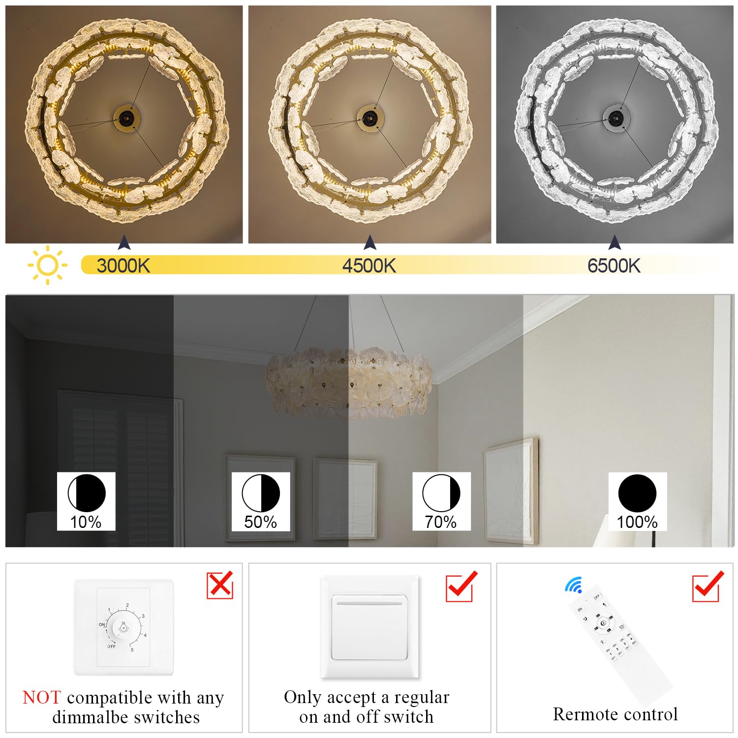 Poemoon 30in Luxury Glass LED Chandelier, Chrome-Lotus, Dimmable 3000-6500K, Model 56-800C, Remote Control for High Ceiling Spaces