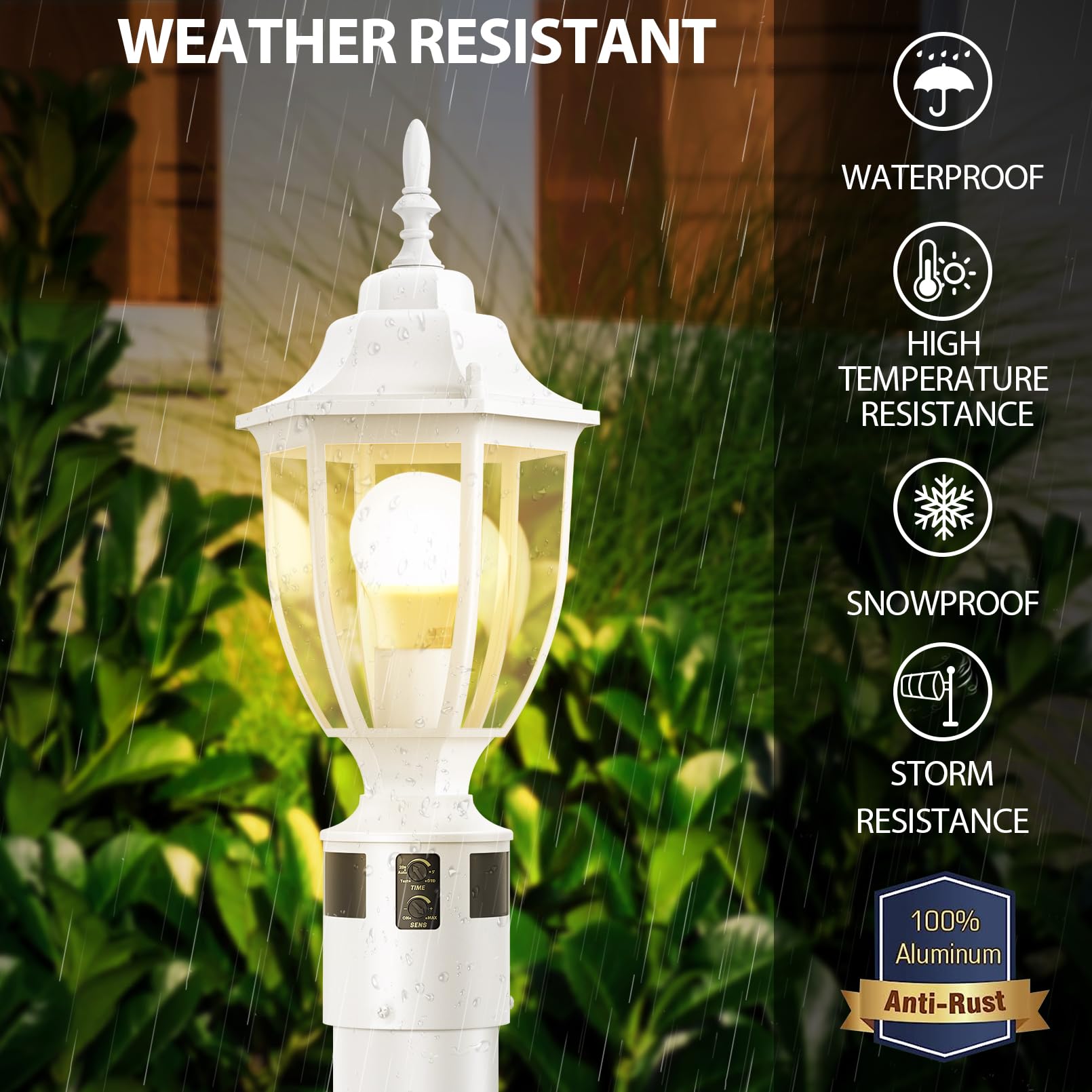 Lamomo Motion Sensor Outdoor Post Light - Waterproof Aluminum Lantern, Dusk to Dawn, White, 1 Pack for Yard, Patio, Garden