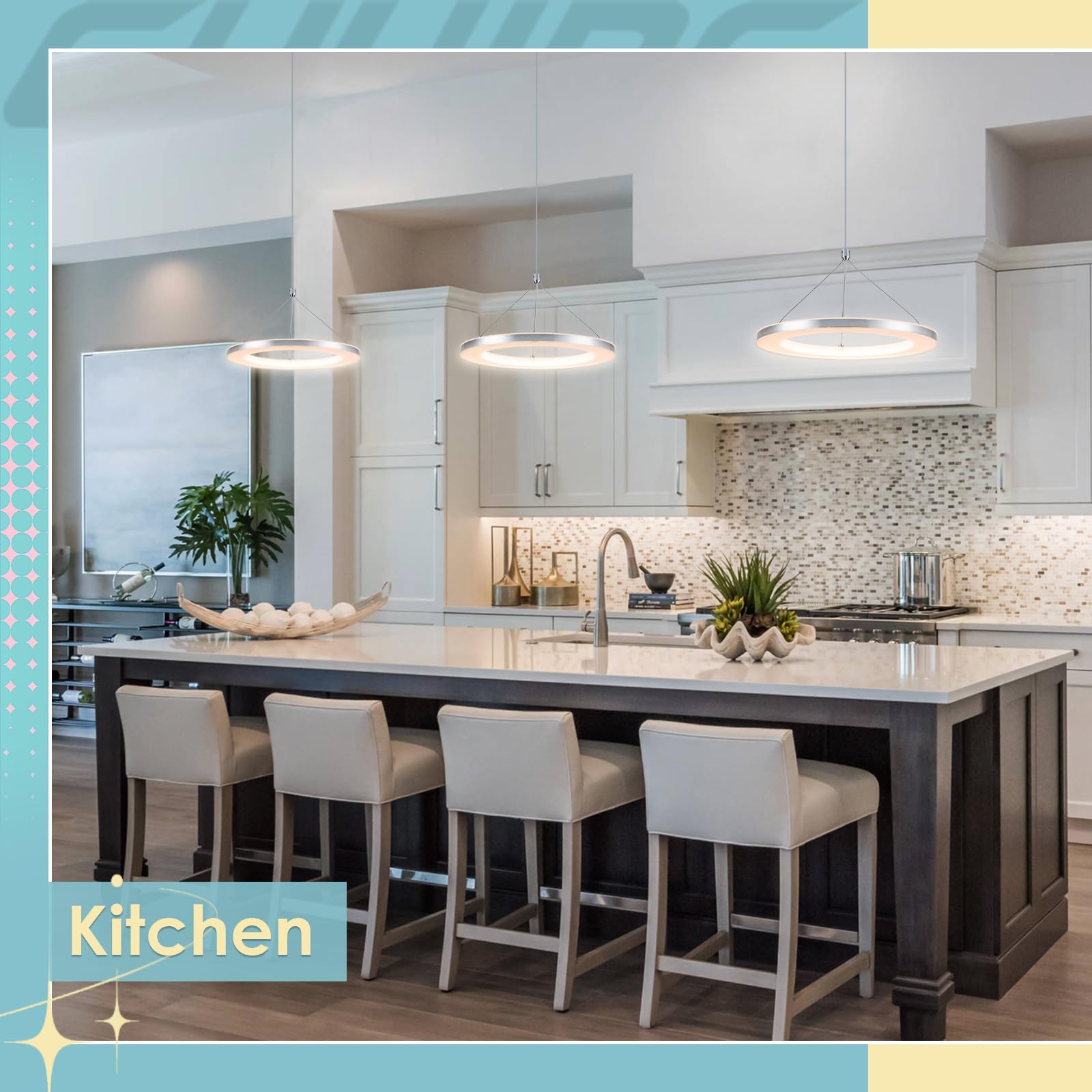 Chying Silver Led Pendant Light Kitchen Island Modern Pendant Lighting 15W Contemporary 1-Ring Hanging Light Fixture For Dining Room Living Room Bedroom, 3000K