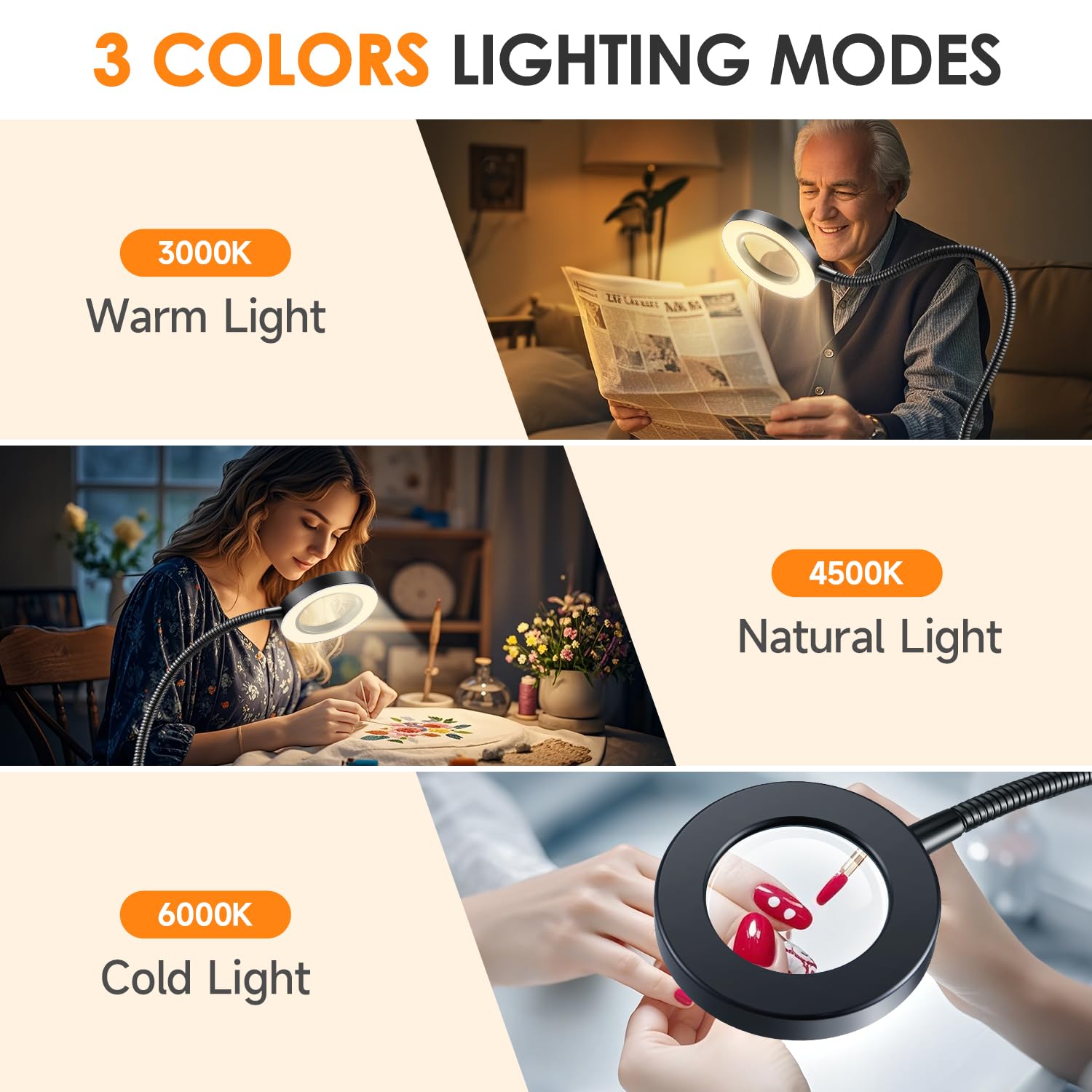 Mubarek Magnifying Glass with Light 5X, 48 LED Desk Lamp, 3 Dimmable Modes, Black