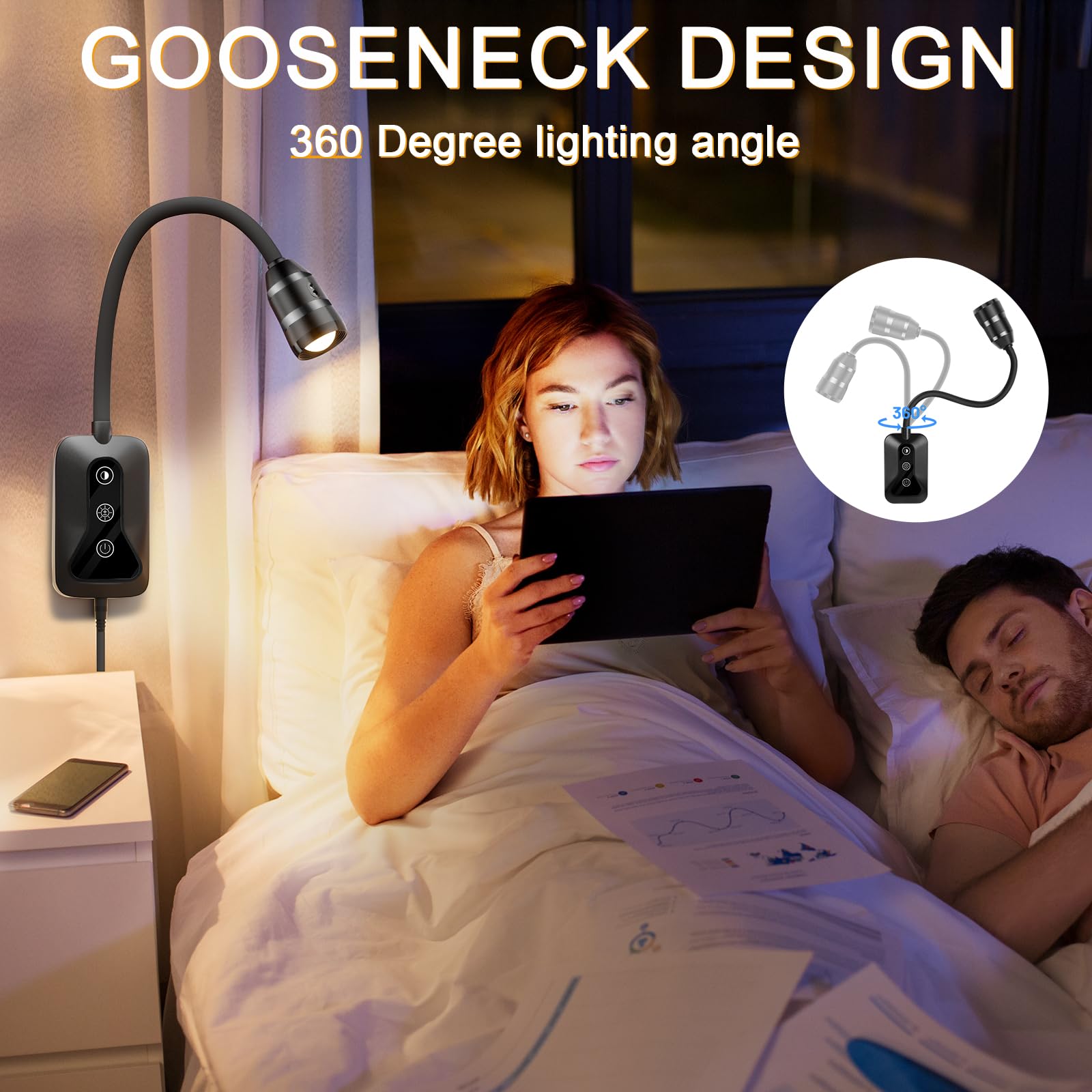 Huaeu Wall Mounted Led Reading Light For Bed Headboard - 5 Color & Brightness Levels Dimmable Book Light With Touch/Wave Control