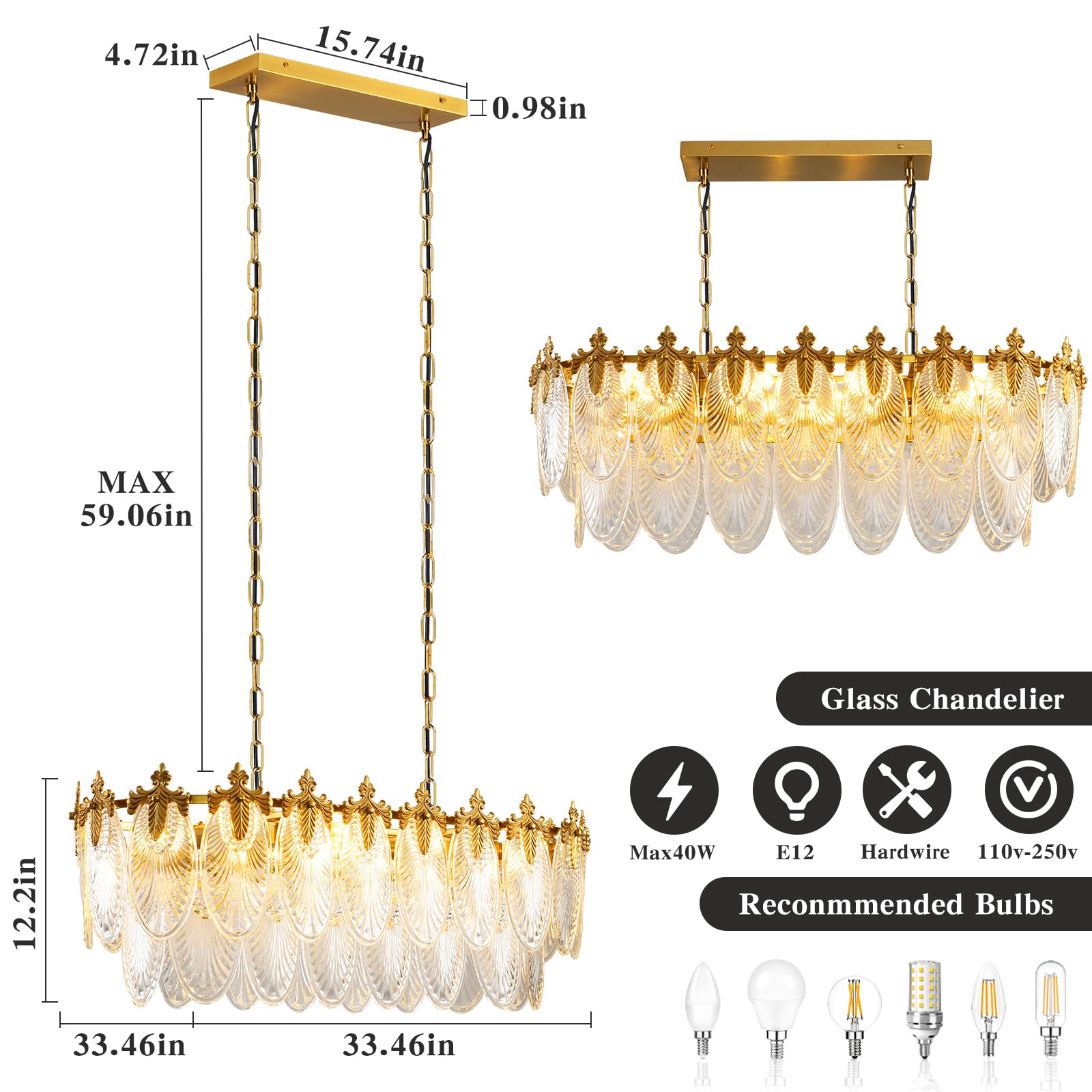 Keluoly Rectangular Crystal Glass Chandelier, L33.5'' Brass Gold Chandelier Lighting Fixture, Height Adjustable Oval Ceiling Pen