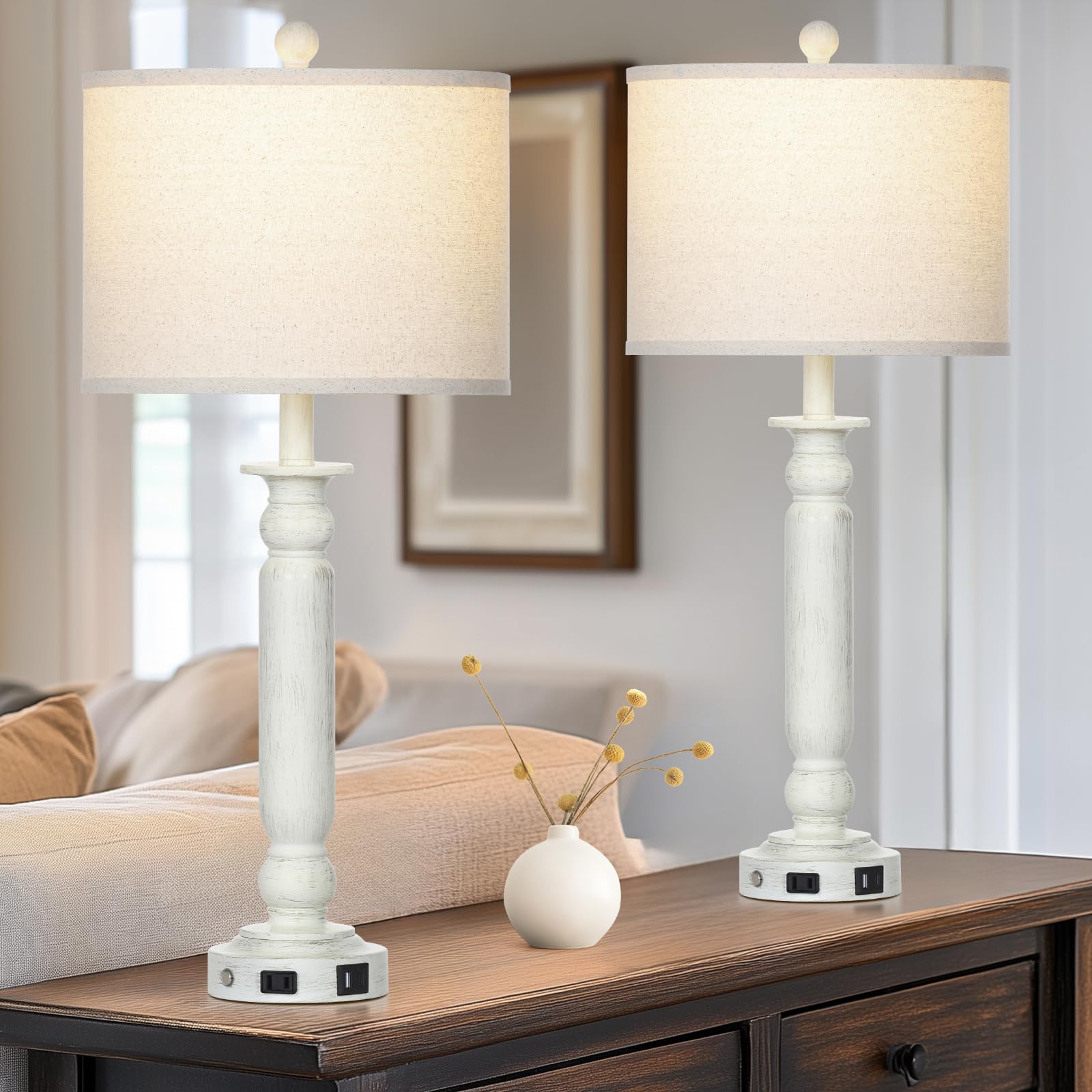 Rinweey 28.5'' Farmhouse Table Lamps For Living Room Set Of 2, 3-Way Dimmable Touch Lamps, Table Lamp With Usb C+A Ports, Bedsid