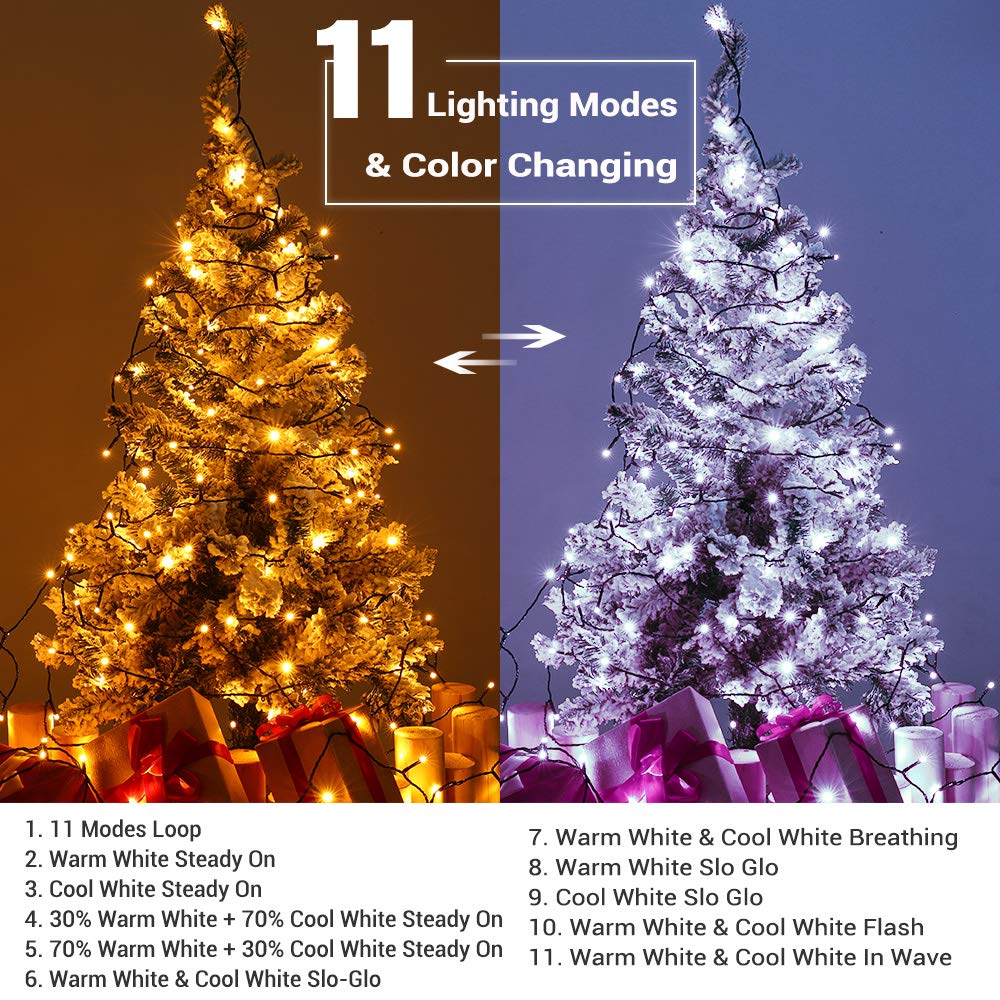Brizled Color Changing Christmas Lights, 65.67ft 200 LED 11-Function Warm White & Cool White LED Lights String, Dimmable 29V Saf