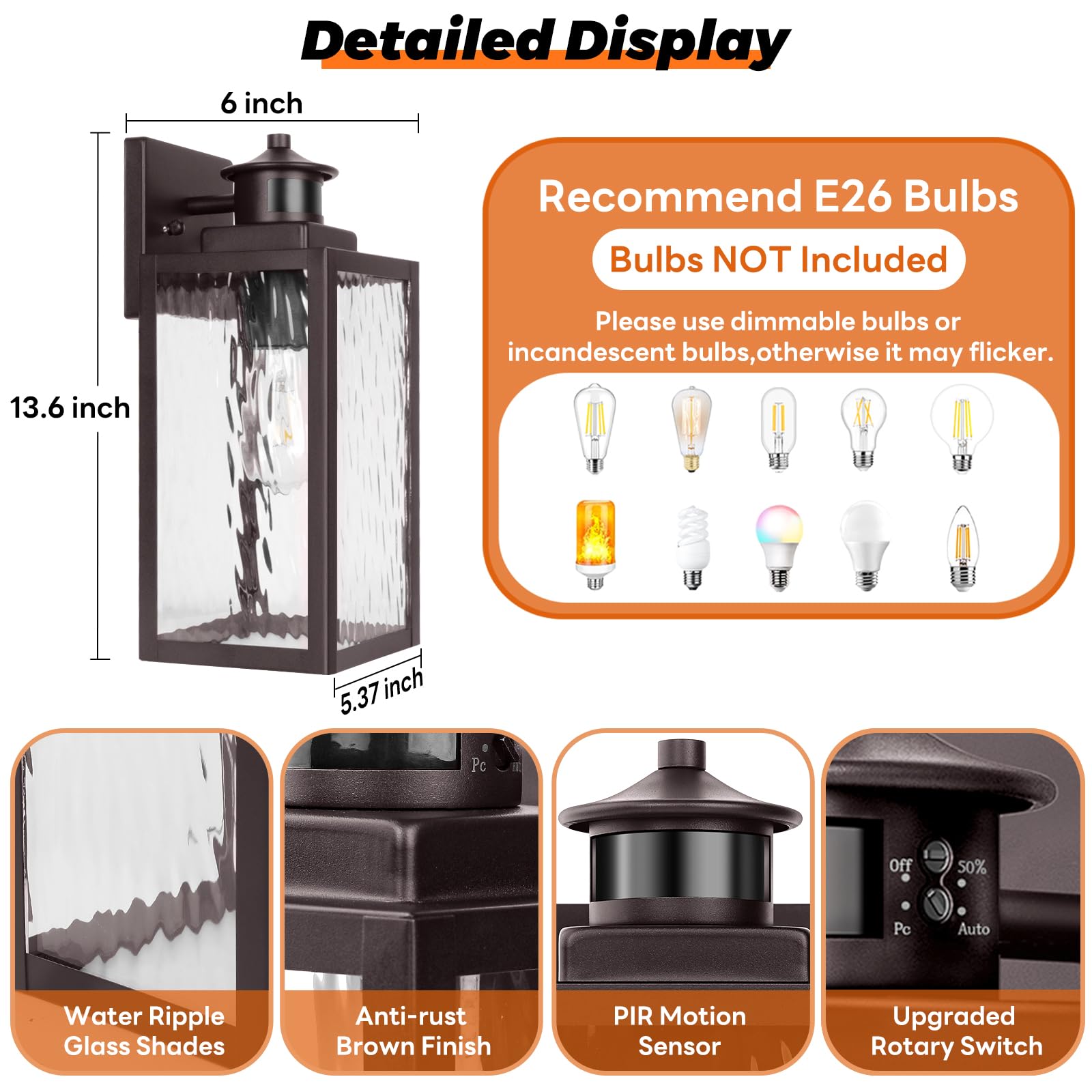 13.6'' Motion Sensor Outdoor Wall Sconce Lantern, Exterior Waterproof Wall Lights Fixtures With Water-Rippled Glass, Brown Outsi