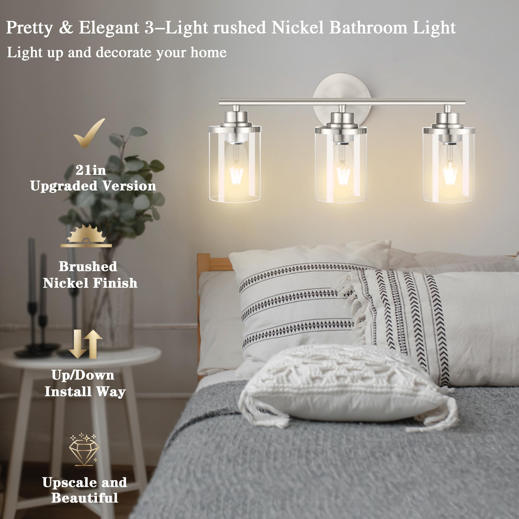 Porphyions Bathroom Light Fixtures,Vanity Lights,Brushed Nickel Bathroom Lights Over Mirror,Nickel Vanity Light For Bathroom,20'' Brushed Nickel 3-Light Modern Bathroom Sconce