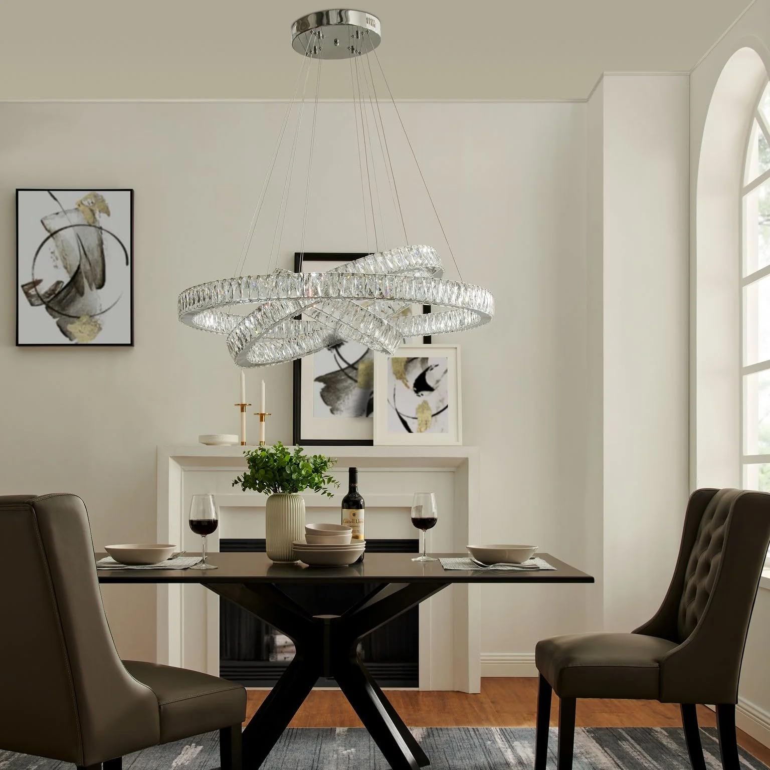 Finesse Decor Crystal Elegance Three Ring Chandelier, Modern Clear Crystal, CH-415-RO, for Bedroom, Dining Room, Living Room, Office
