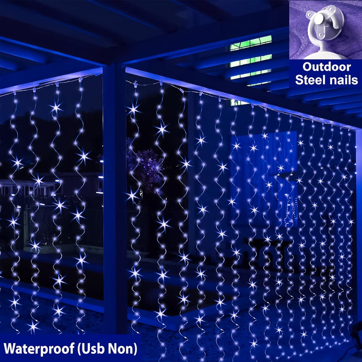 ZSJWL 300 LED Blue Fairy Curtain Lights, 9.8x9.8 Ft, Waterproof USB, Remote Control, Copper Wire for Bedroom, Christmas, Wedding Party