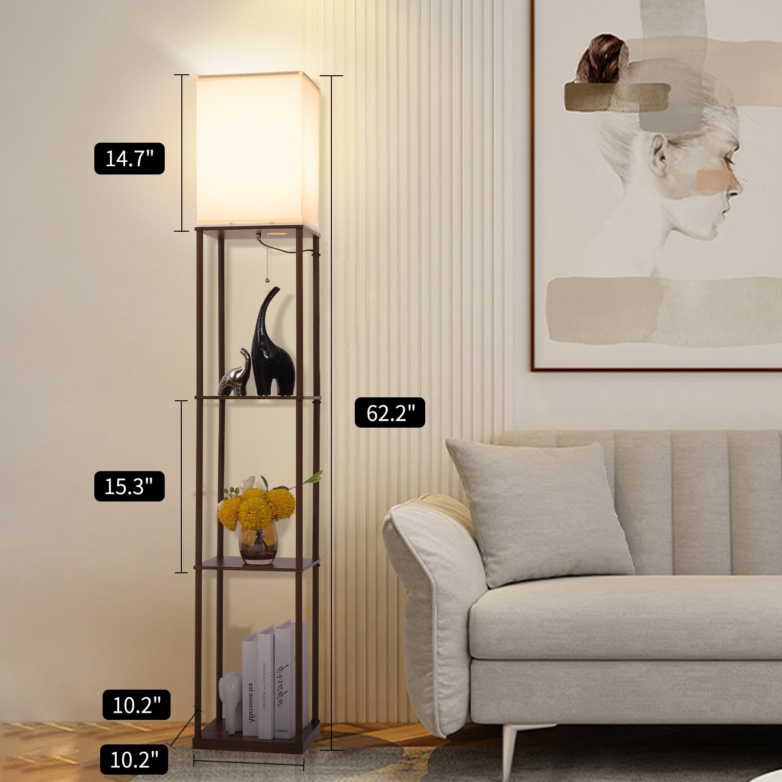 Gupuzm Floor Lamp with Shelves, Modern Wood Design, 3 Color Temperatures, Brown, Model PFL-007