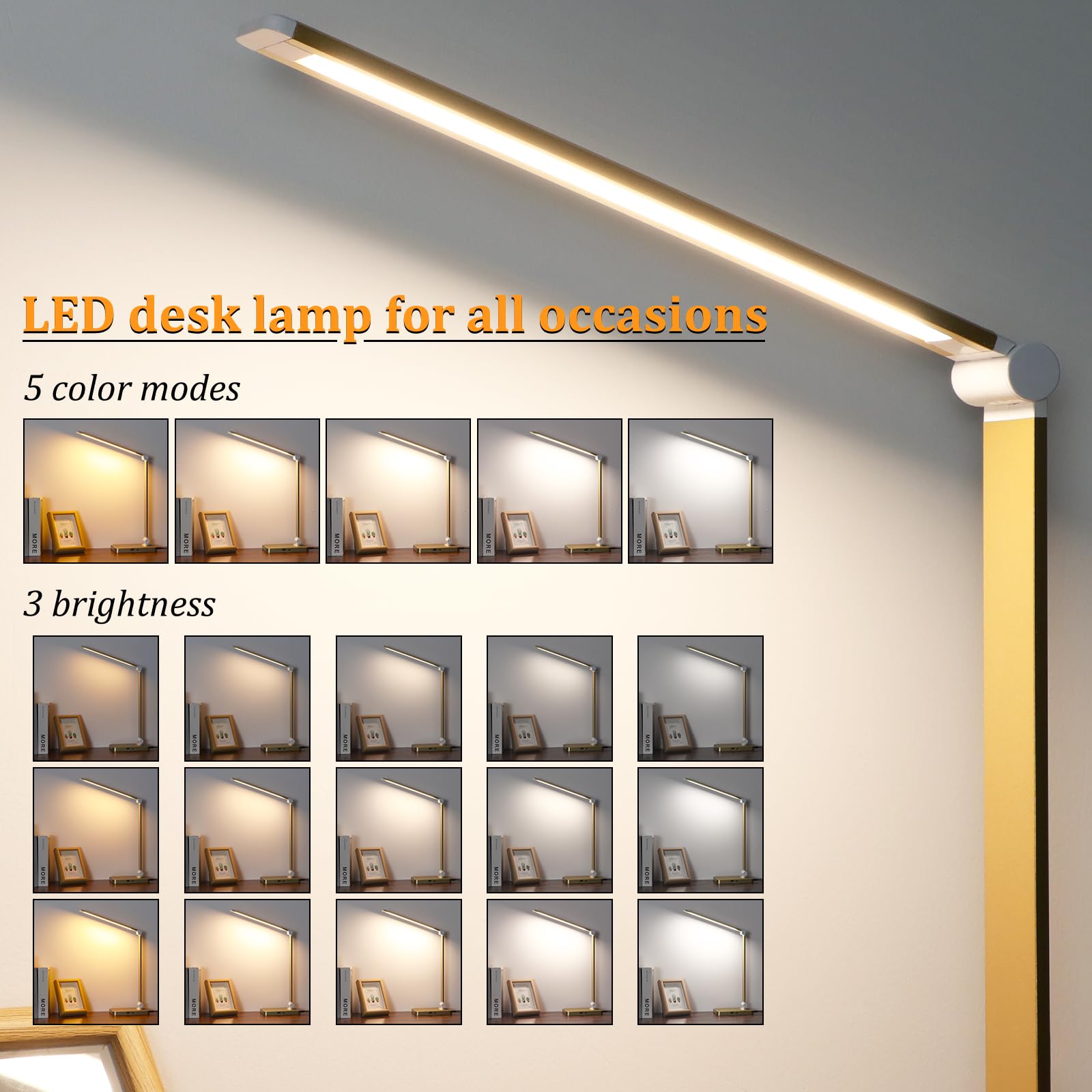 Led Desk Lamp With Usb Ports,Touch Desk Lamps For Home Office With 5 Color Modes,3 Brightness Desk Light With Small Night Light,