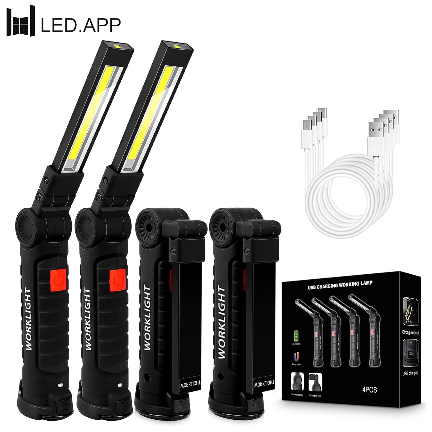 4Pack LED Work Lights, USB Rechargeable COB Light with Magnetic Base 360Rotate and 5 Modes, Folding Flashlight Inspection Light