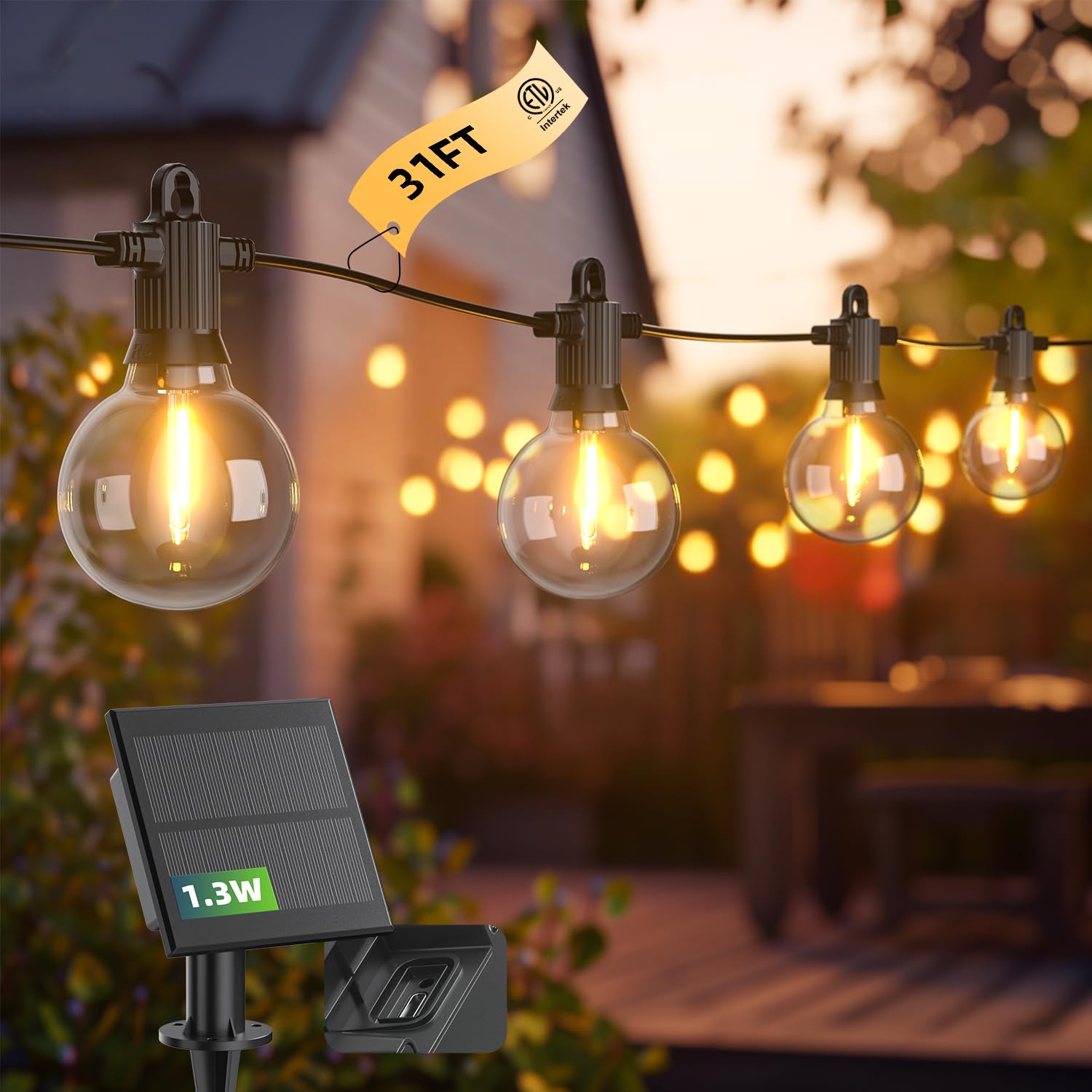 Kawaya Solar-Powered String Lights Outside: 31 FT Outdoor LED Patio Lights with USB-Charging, IP65 Waterproof 15 Shatterproof Ed