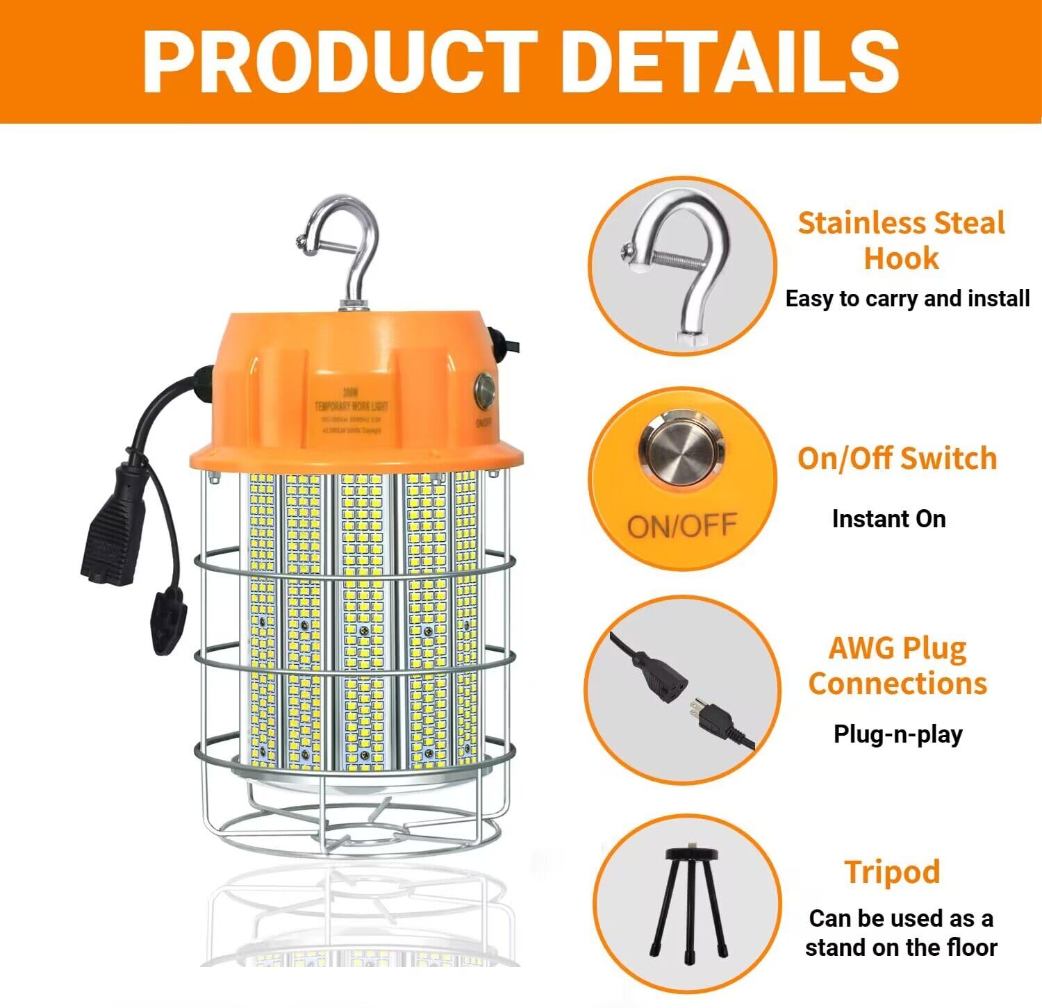 300W Led Temporary Work Light 42,000Lm Construction Light Job Site Lighting,5000K,Linkable With On/Off Button & Hook Portable Wo