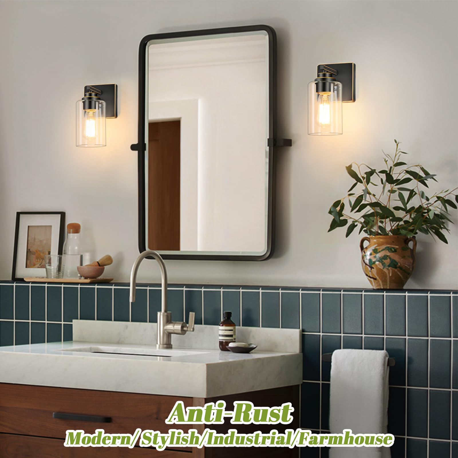 Set Of 2 Wall Sconces For Bathroom, Modern Vanity Light Fixtures, Bronze Wall Mount Lighting Lanterns, Farmhouse Wall Lights Wit