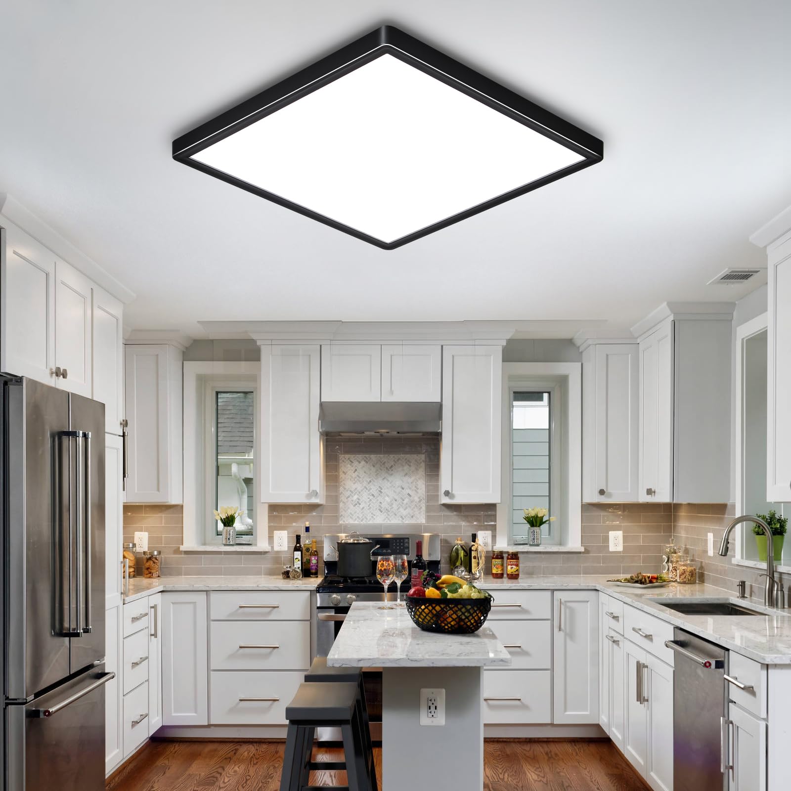 Rezant 12 Inch 24W Flush Mount Square Led Ceiling Light, 3000K/4000K/6000K Adjustable Flush Mount Light Fixture, 2800Lm Bright Flat Ceiling Light Fixtures For Bedroom, Kitchen, Hallway (Black-4 Pack)