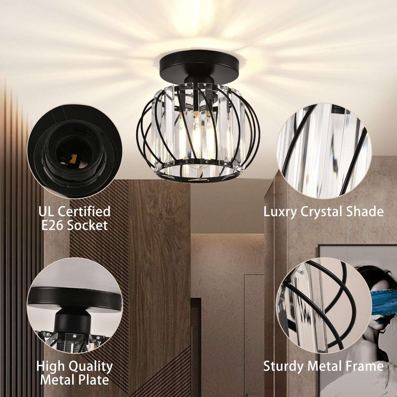 Ztuoyong Crystal Ceiling Light - Black Crystal Chandelier For Kitchen, Hallway, Entrance, Balcony, Dining, Living, Bar, Farmhous