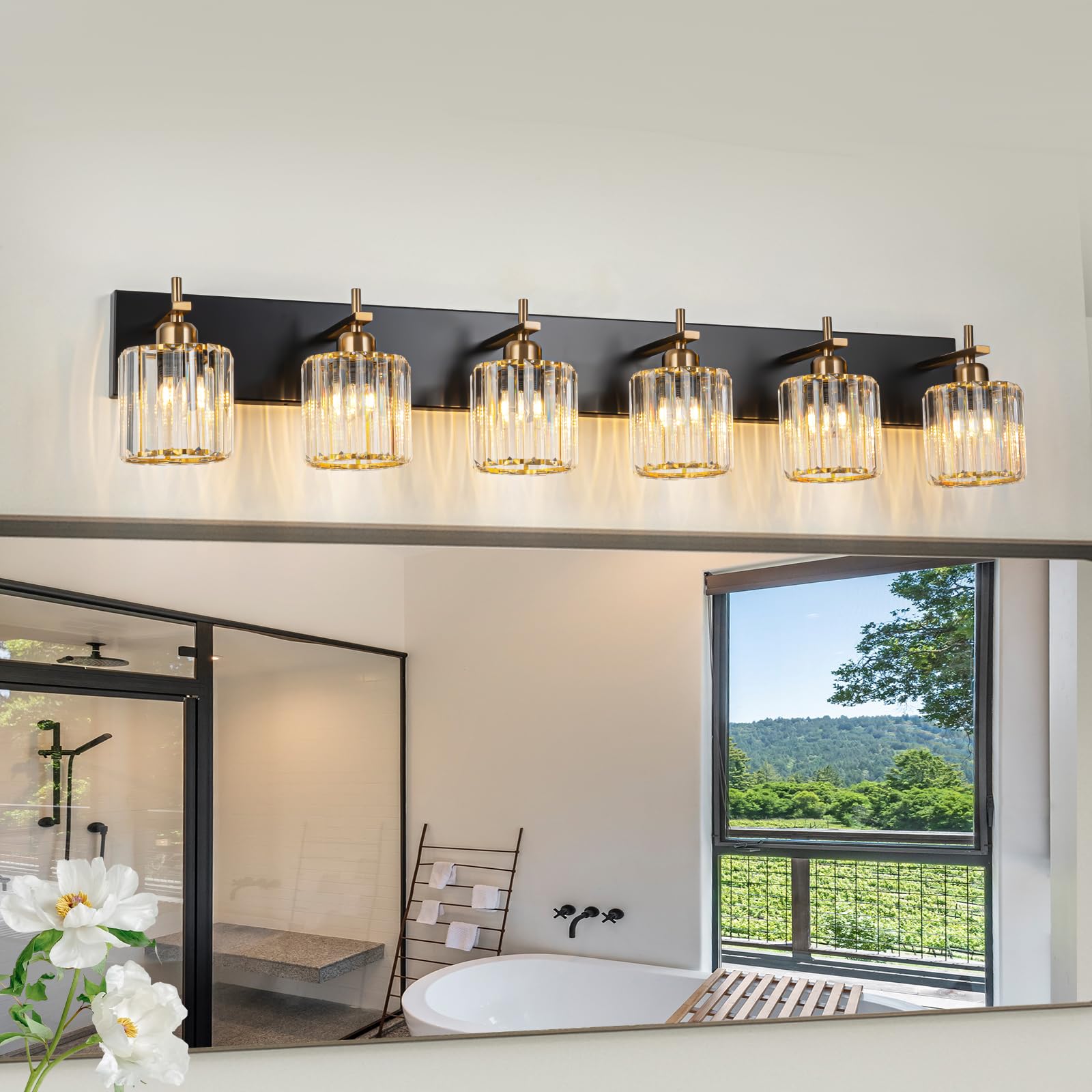 HUOKU 6-Light Crystal Bathroom Vanity Light Fixture, Metal & Crystal, Black Gold Finish