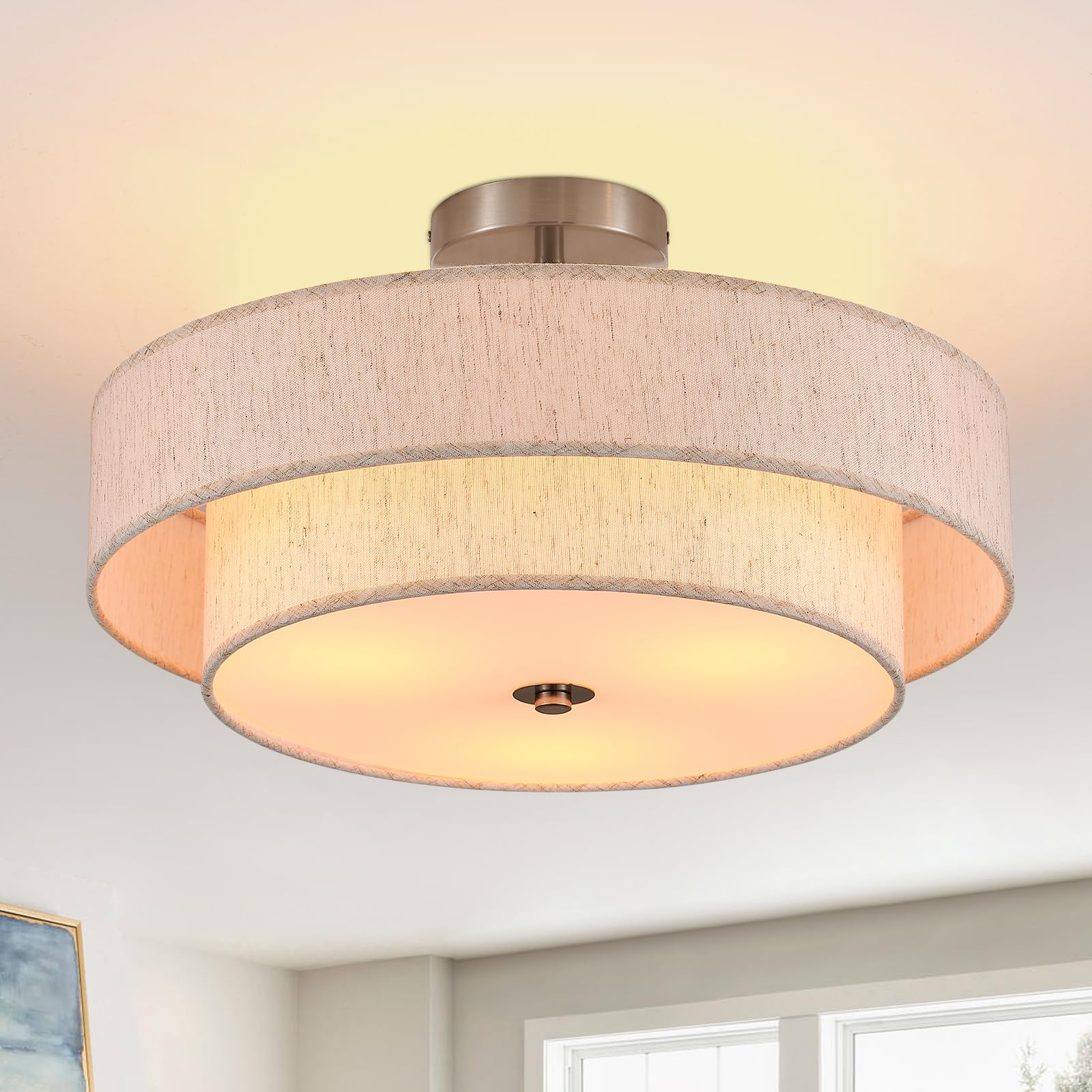 Widluth 18 Semi Flush Mount Ceiling Light 3-Light Modern Linen Drum Ceiling Lighting With Chrome Finish  Vintage Ceiling Light For Living Room  Kitchen  Basement  Laundry Room  Bedroom