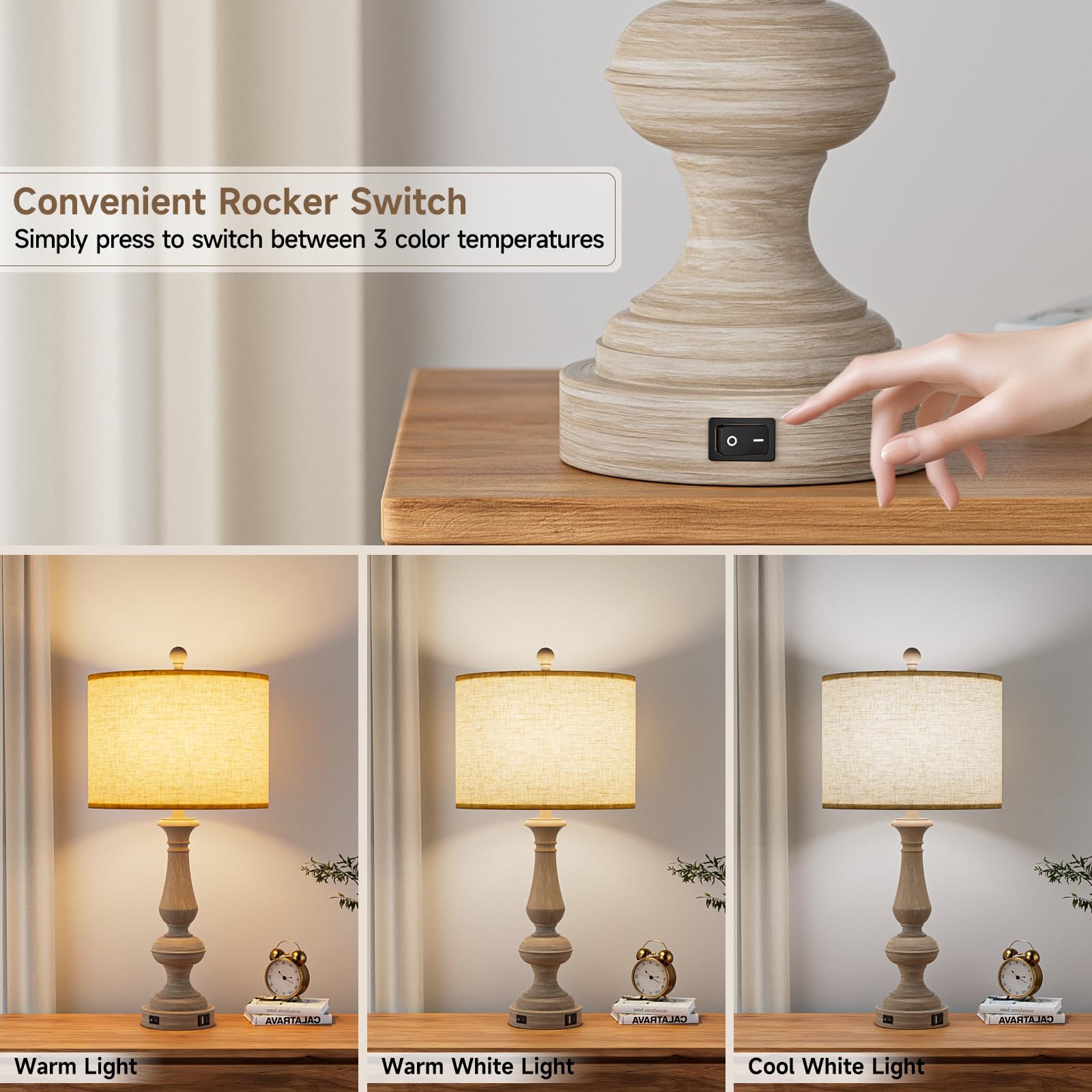 Jeagop 26in Resin Table Lamp Set of 2, Gray, USB C+A Ports, 3 Color Temperatures, Model TB-SZ-2P01