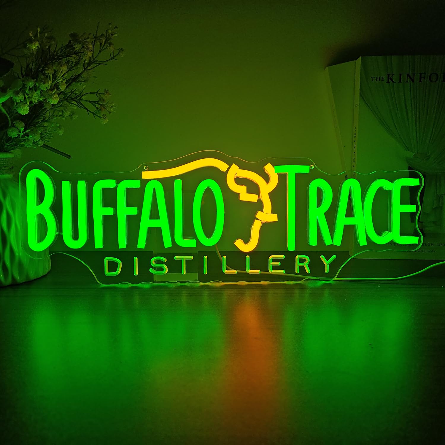 Jeanchrl Neon Sign for Bedroom, Home, Club - Buffalo Trace Distillery Design, Standard Size, Green & Yellow Lighting