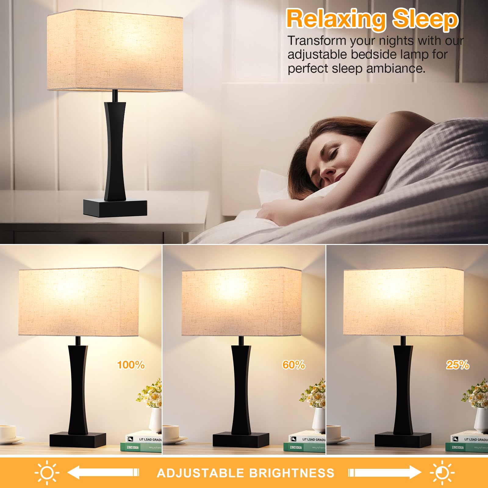 Seealle Bedside Lamps Set of 2 - 3 Way Dimmable, Metal, Cream & Black, Touch Control, USB C+A Ports, Model jinshumian3 3