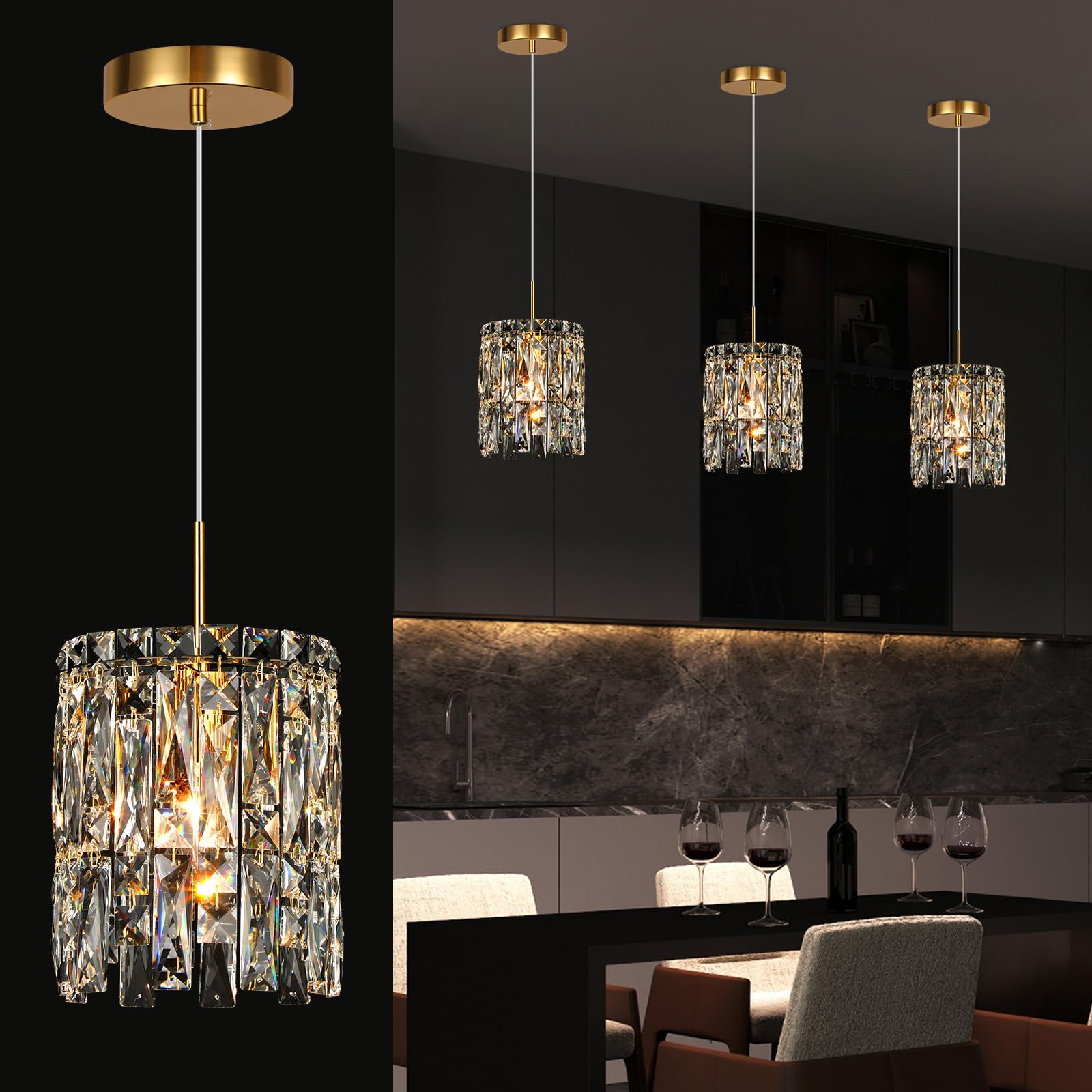 Nisidun Modern K9 Crystal Pendant Lights Kitchen Island 1 Lighting Gold Chandeliers For Dining Room Light Fixtures Over Table Hanging Chandelier For Kitchen Island Entryway Bathroom Bedhead Light
