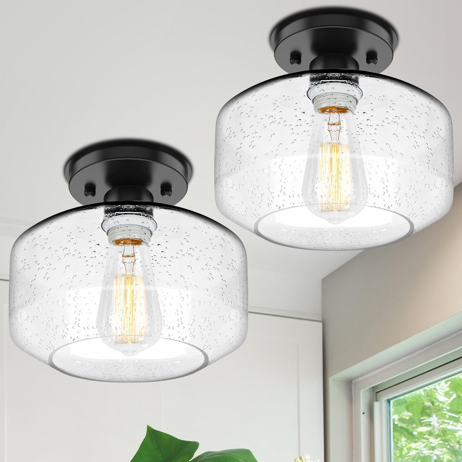 Tobusa 2-Pack Industrial Semi Flush Mount Ceiling Light, Black Light Fixture Ceiling Mount With Seeded Glass Shade, Farmhouse Ha