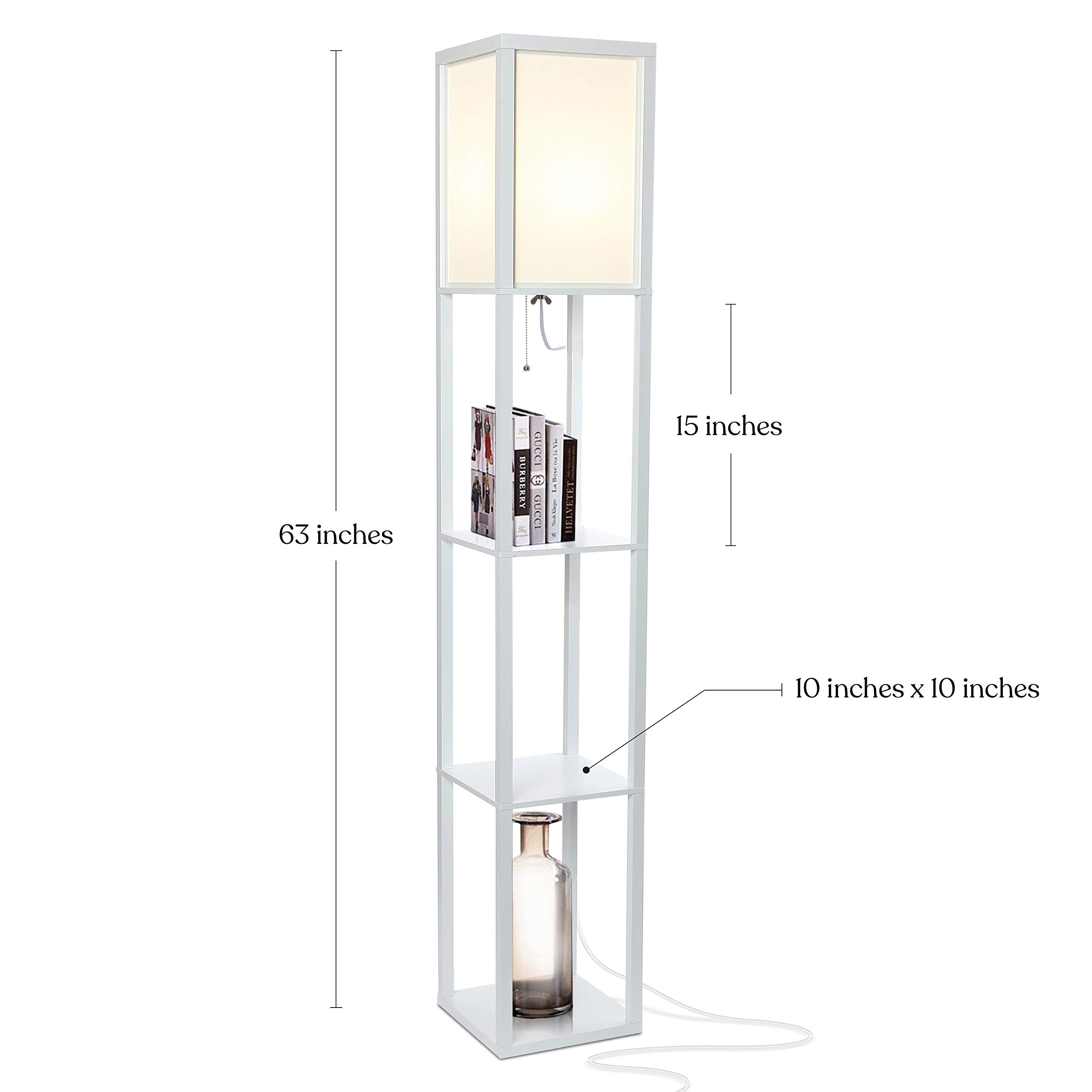 Brightech Maxwell Modern Shelf Floor Lamp with LED Bulb - White Wood Design for Living Room, Bedroom & Office