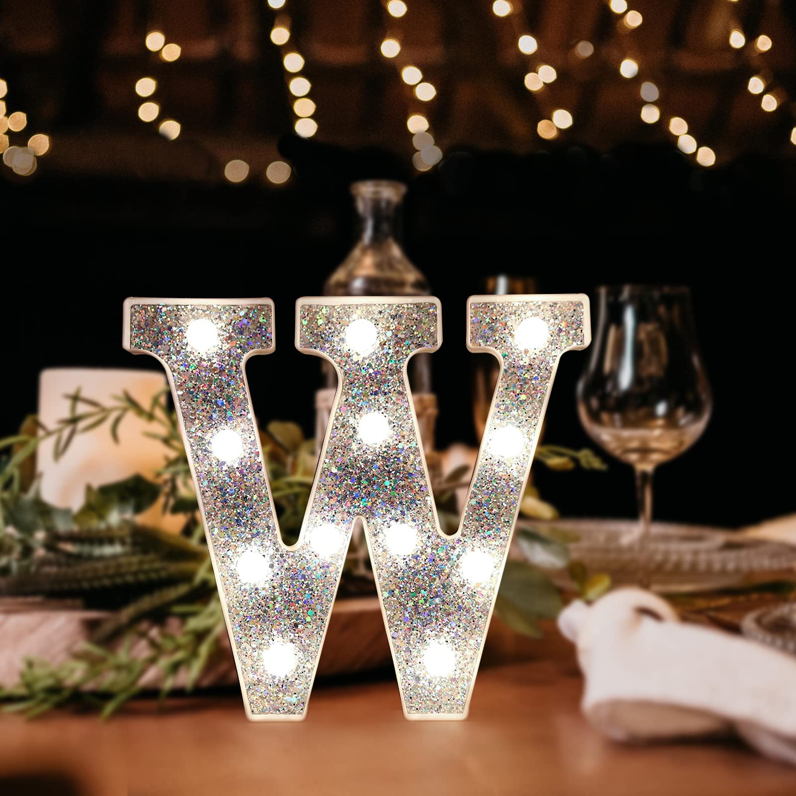 Pooqla LED Marquee Letter Lights, Battery Powered Silver Glitter E Sign, Plastic, Night Light for Parties and Home Decoration