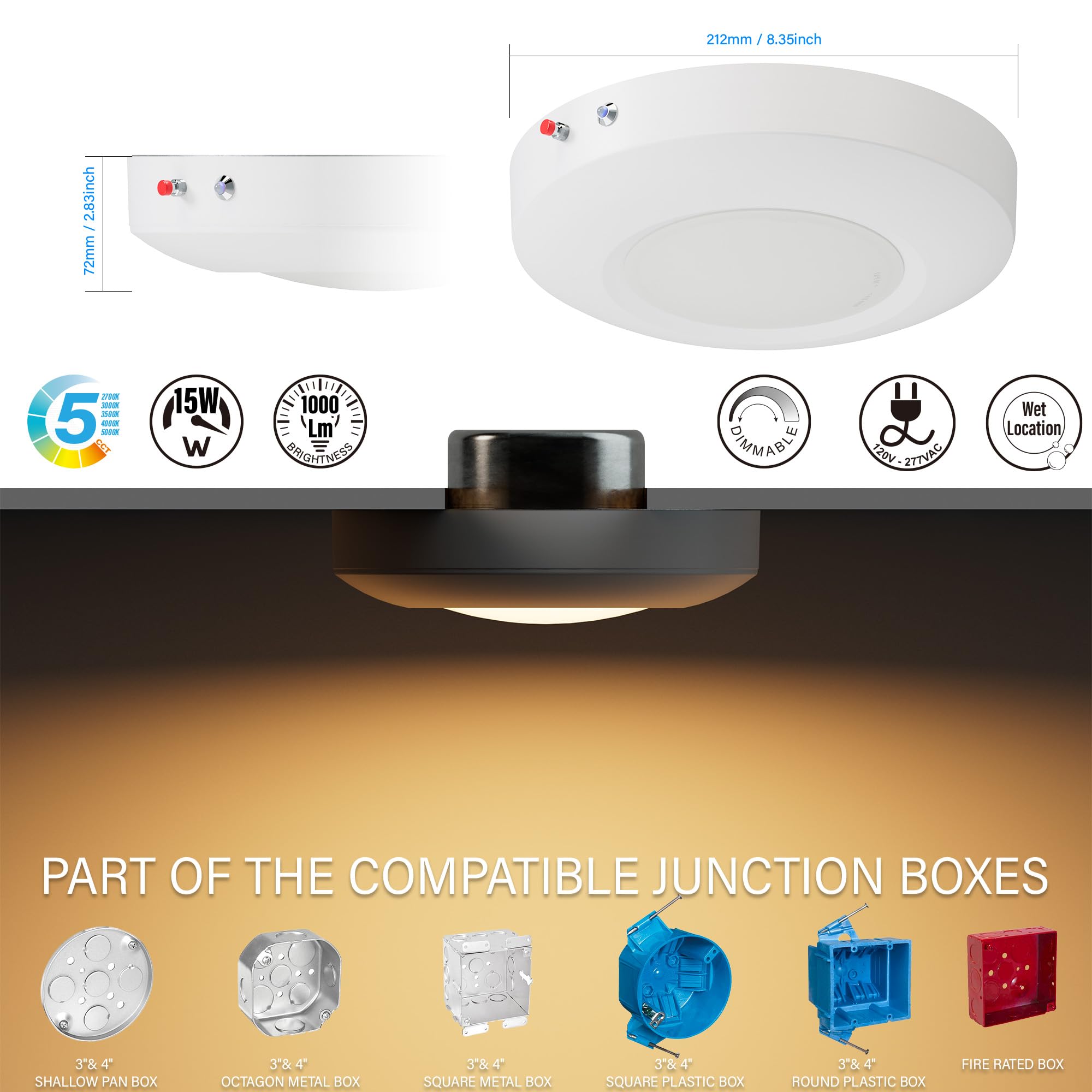 JULLISON LED Emergency Disk Light Kit, 6 Inch, Dimmable, 15W, 1000lm, 5CCT, ETL & Wet Rated, White, Model E