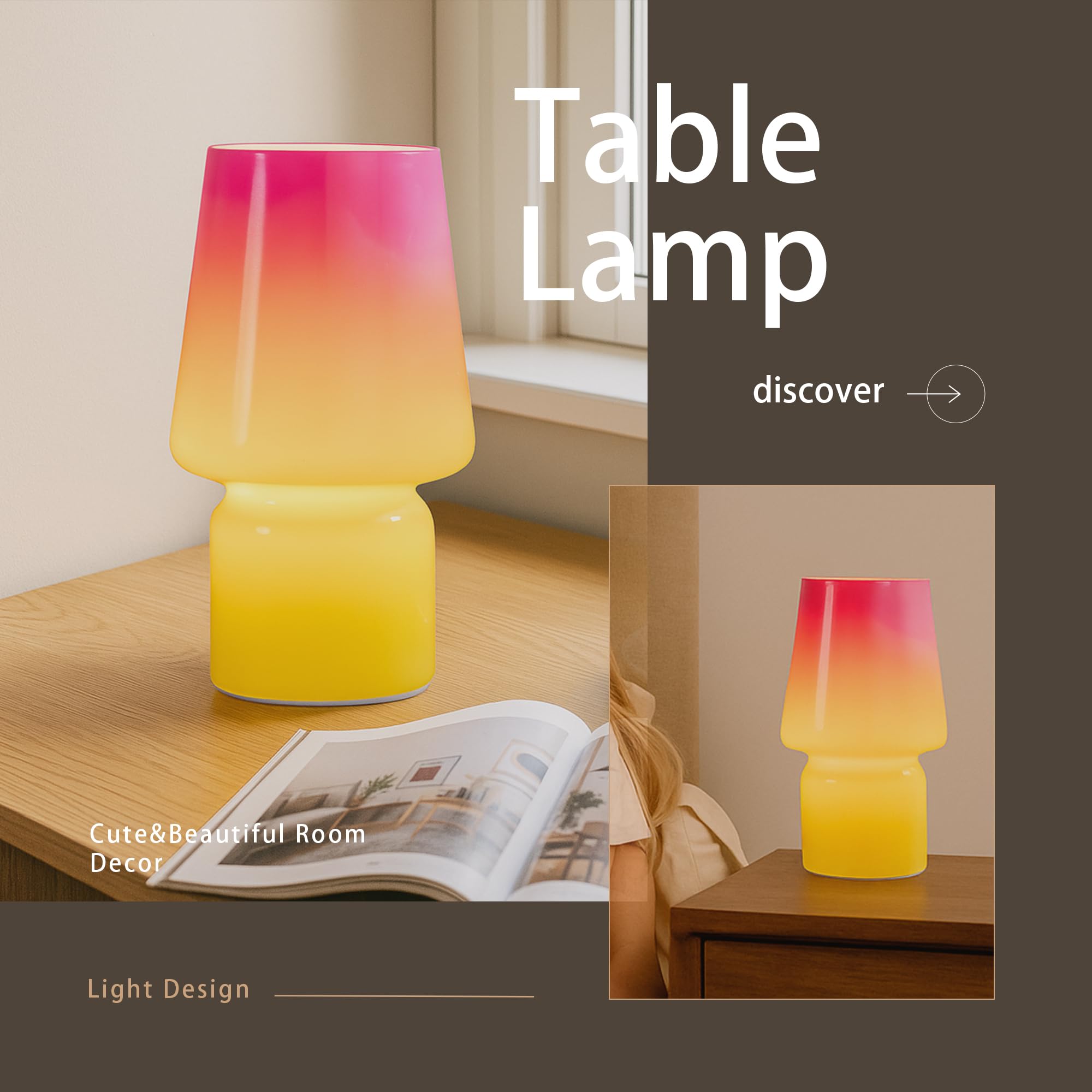 Sureyond Mushroom Lamp MotherS Day Gifts Small Table Lamp Cute Nightstand Kitchen Mini Lamp Glass Table Lamp Suitable For Bedrooms  Kitchens  Living Rooms  Bedside  Girl Gifts(Pink Gradient)