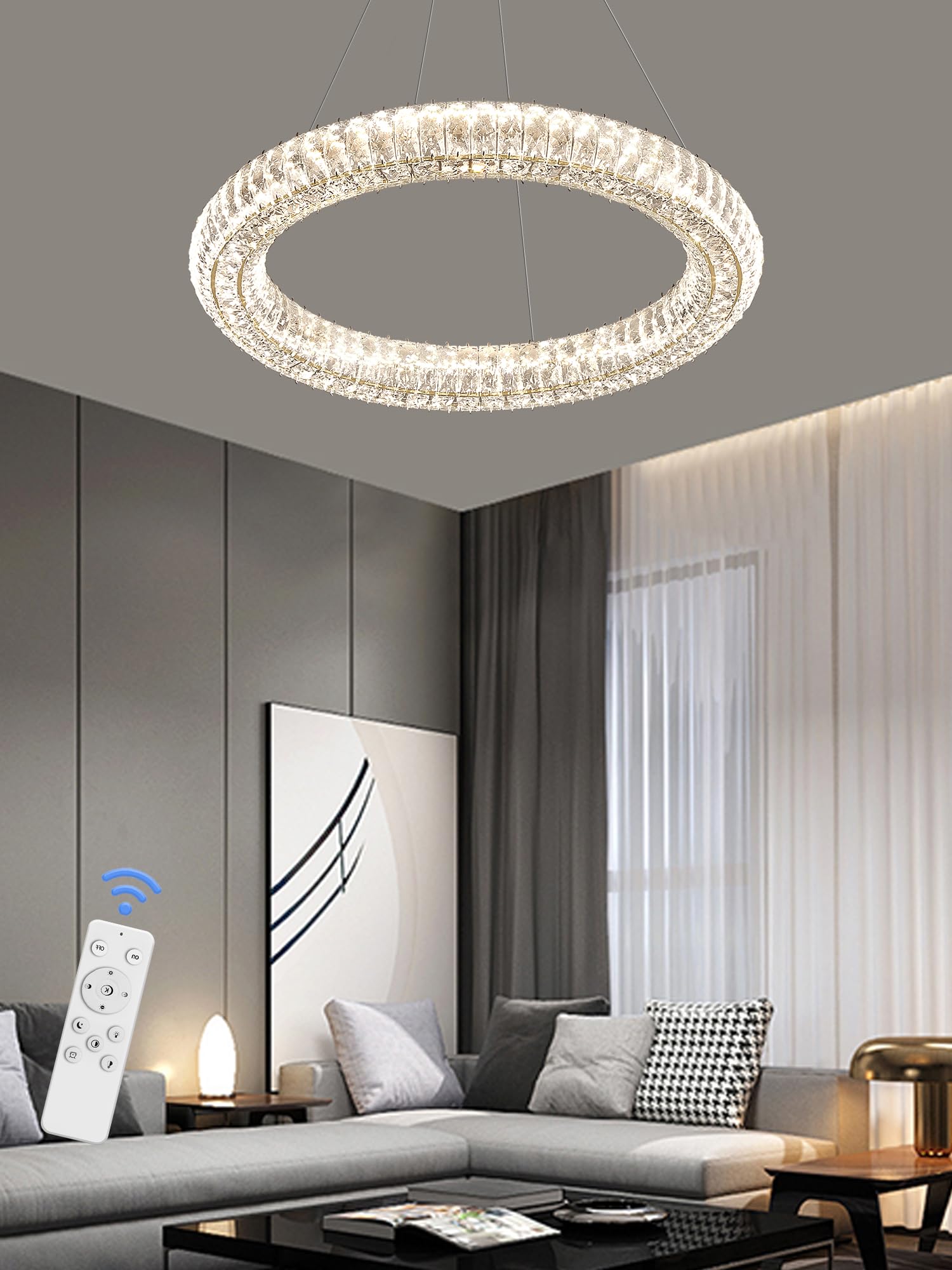 IDEQUY Modern Crystal Chandelier Pendant Light Dimmable LED 23.6in Round Gold CF8022-60J