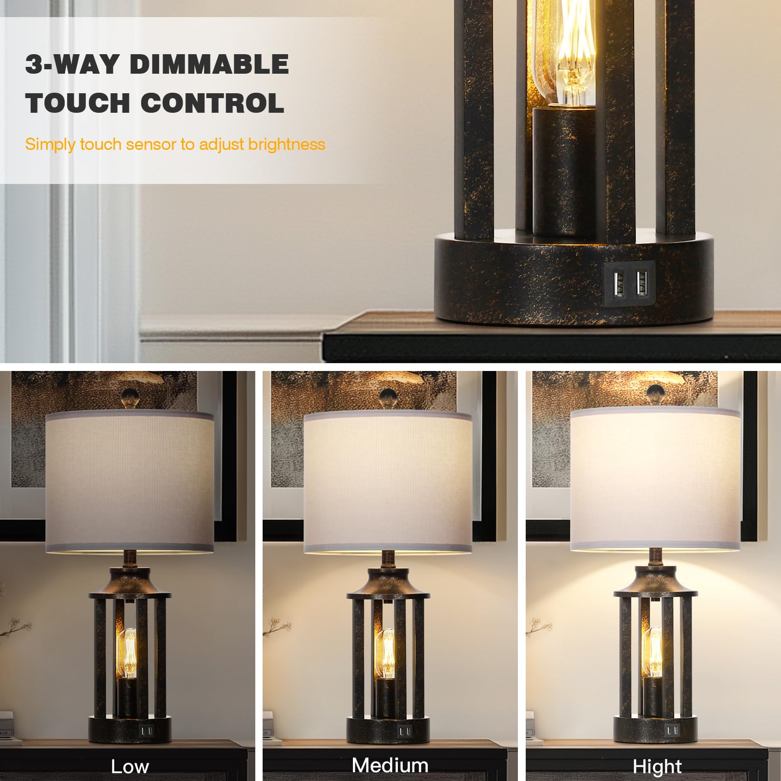 Farmhouse Table Lamps Set Of 2, Vintage Living Room Lamps With 2 Usb Ports, 3 Way Dimmable Touch Control Bedroom Lamp With 2 Led