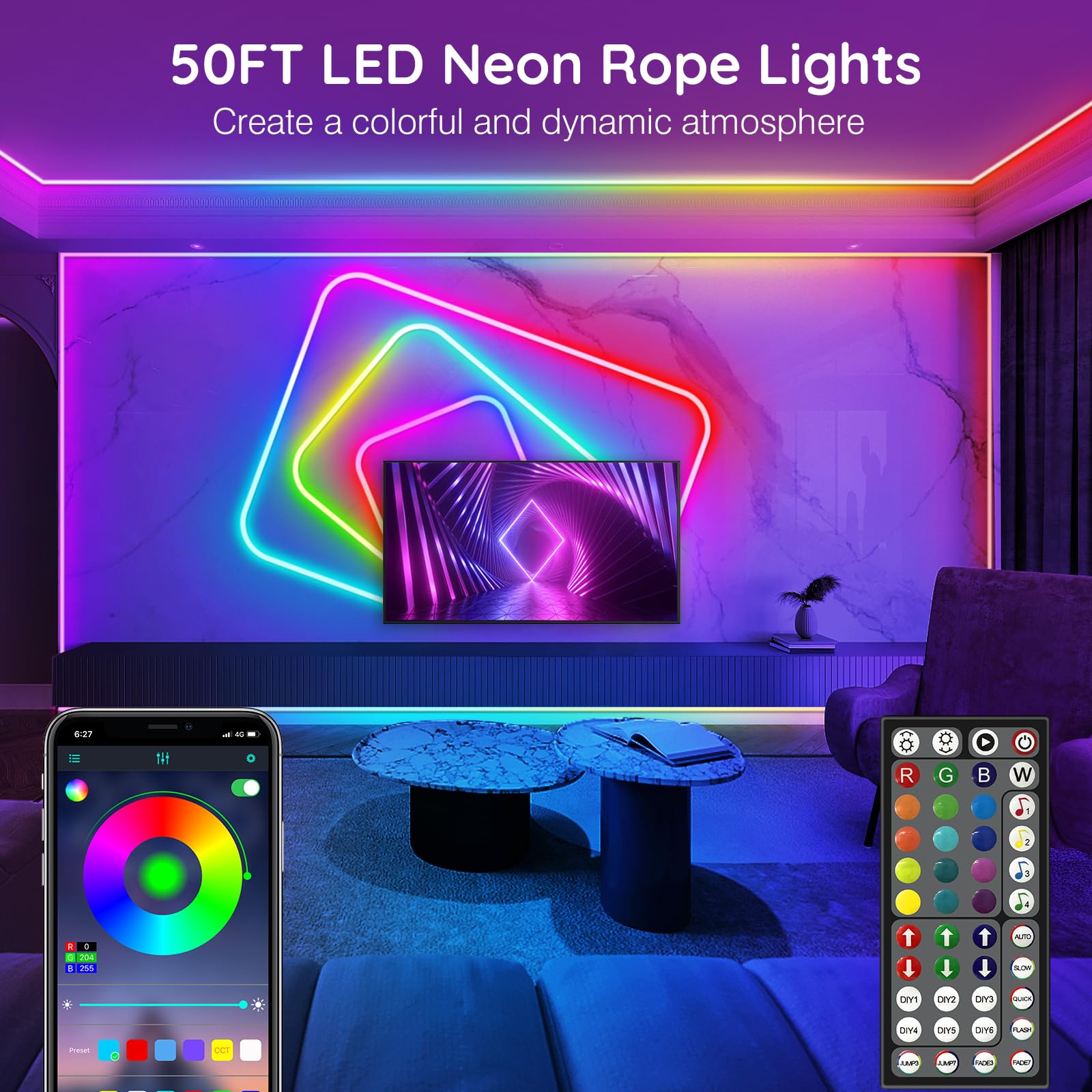 Ailbton 50Ft Led Neon Rope Lights Control With App/Remote,Flexible Led Rope Lights,Multiple Modes,Ip65 Outdoor Rgb Neon Lights W