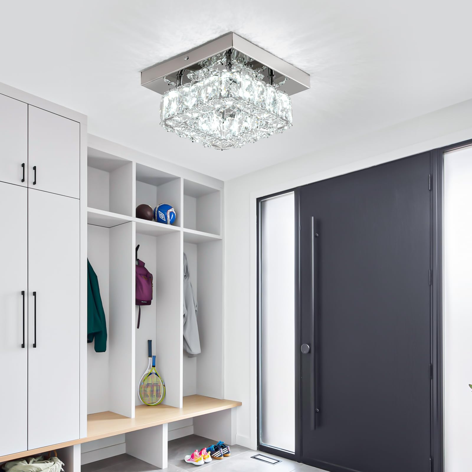 LEONTYNE Mini Modern Crystal Chandelier - 7.9" Flush Mount Ceiling Light, Cool White LED Fixture for Hallway, Foyer, Bedroom, Dining Room