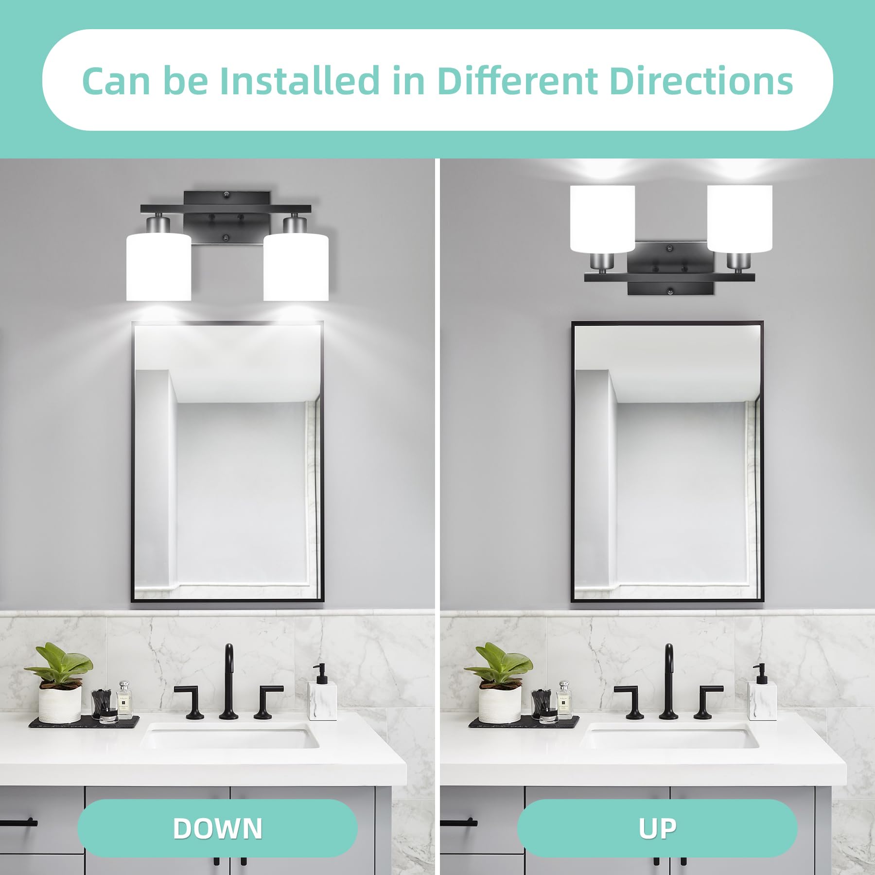 SILAMPDI 2-Light Bathroom Vanity Light Fixtures, Black Finish, Metal, Milky White Glass Shades, Model SLD-JQD-001