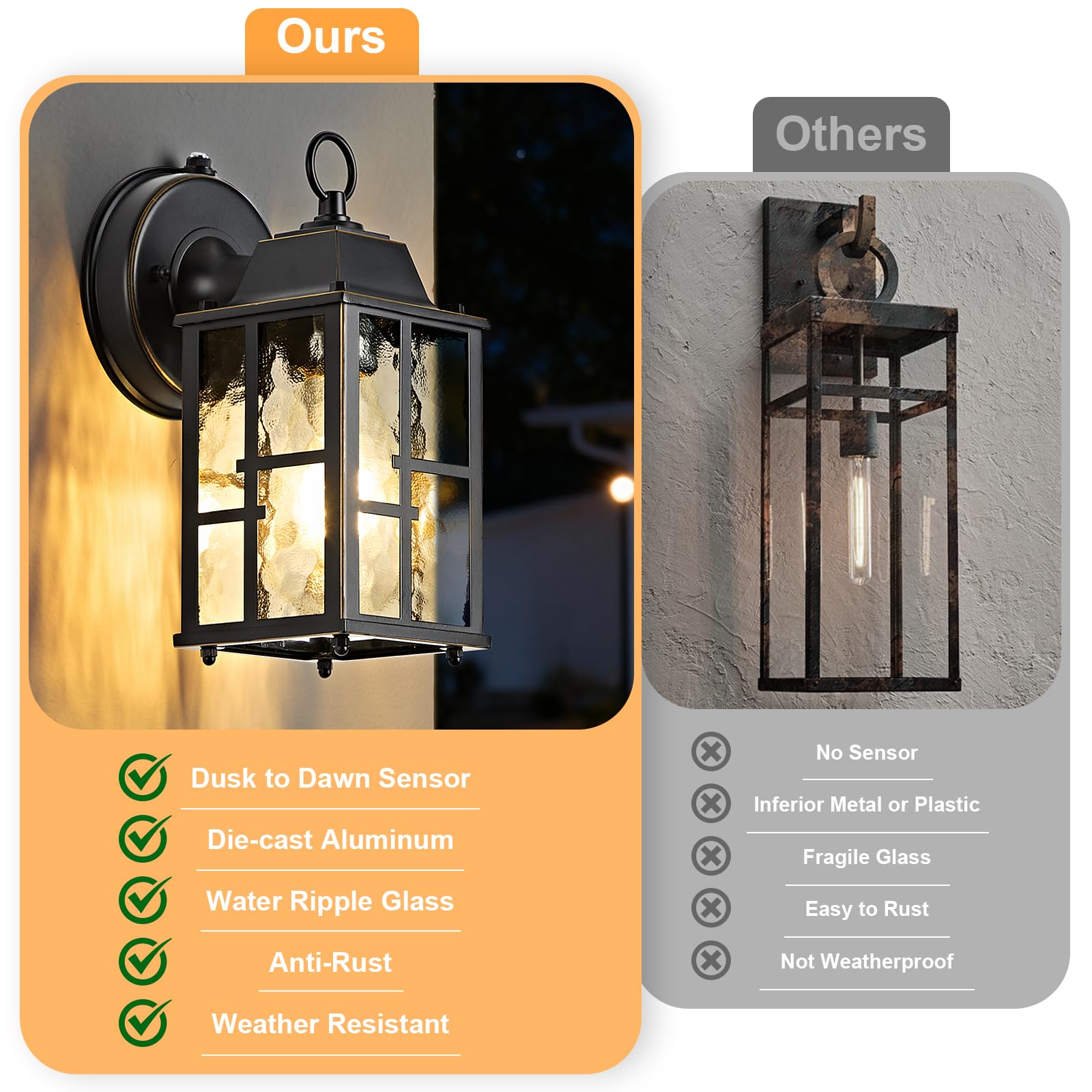 OKELI 2-Pack Dusk to Dawn Outdoor Wall Lights, Aluminum, 9.3", Weatherproof, Black & Gold-Trim, Model OK100-S2P-BG