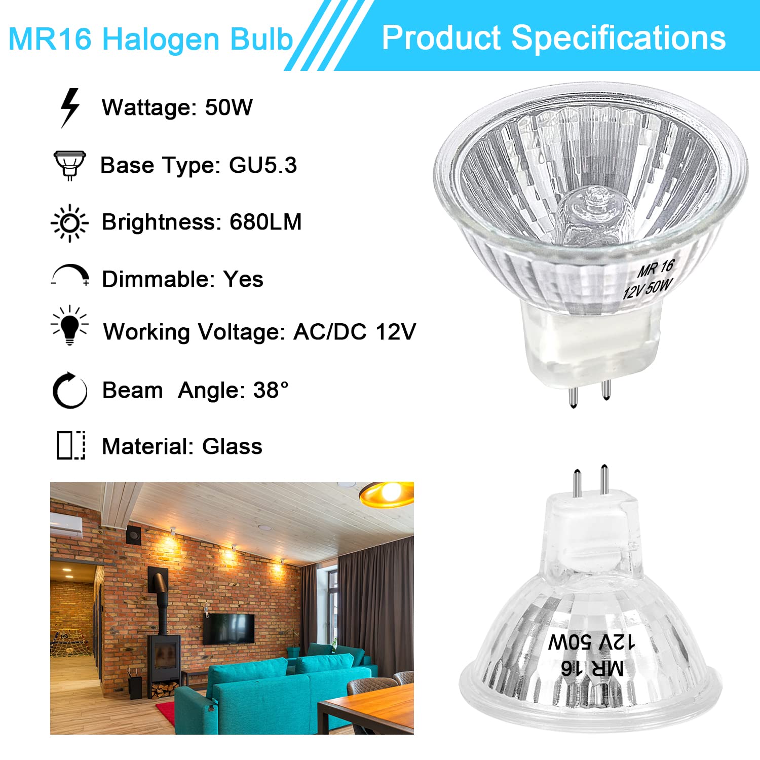 Mr16 Halogen Bulb 50W Dimmable 12V Gu5.3 Bi Pin Base Spotlight With Long Lifespan, 2700K Warm White Mr16 Bulbs With Clear Glass