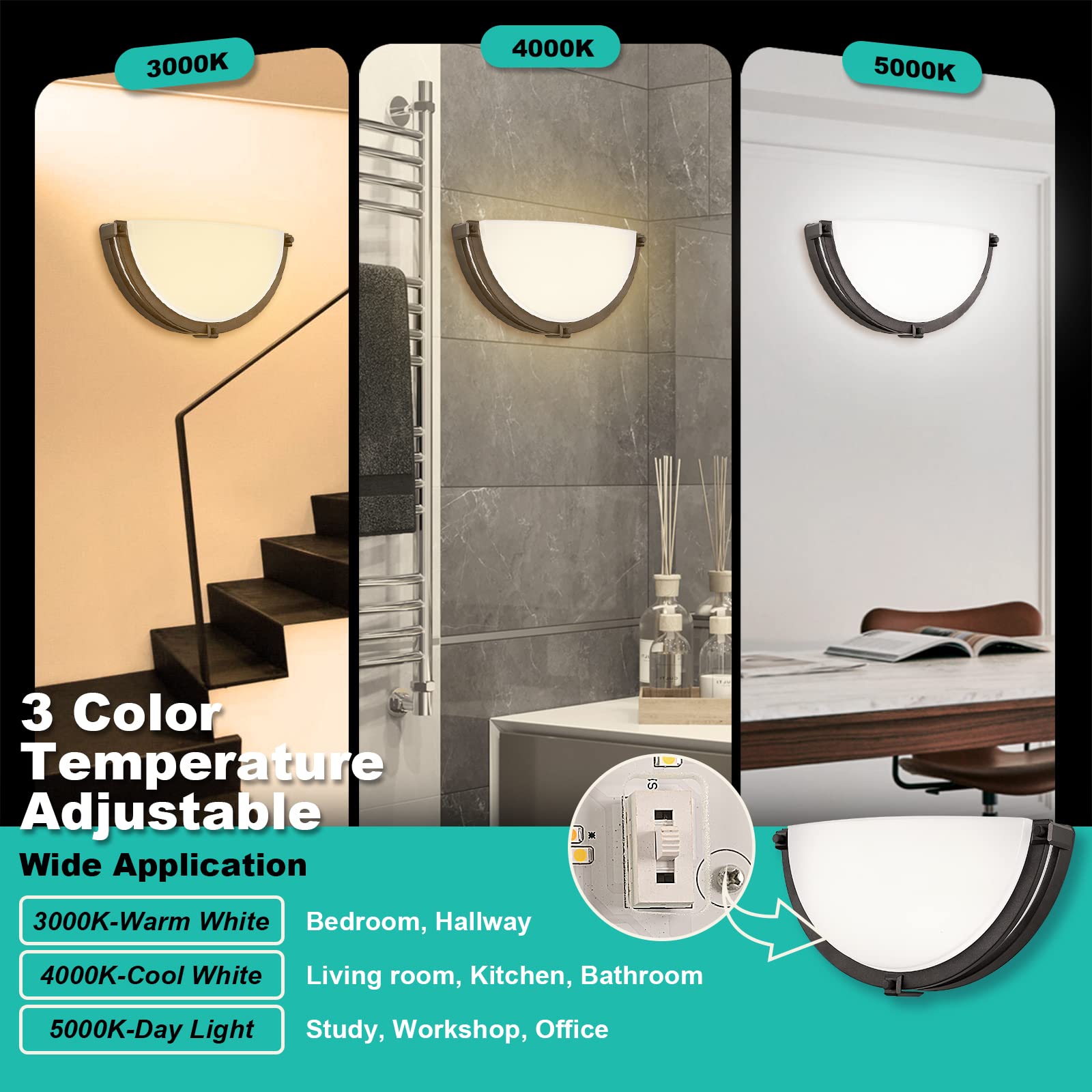 Flynix 13" Dimmable LED Wall Sconce, Modern Half Moon Bathroom Light, 950 Lumen, Adjustable 3000K/4000K/5000K, Oil Rub