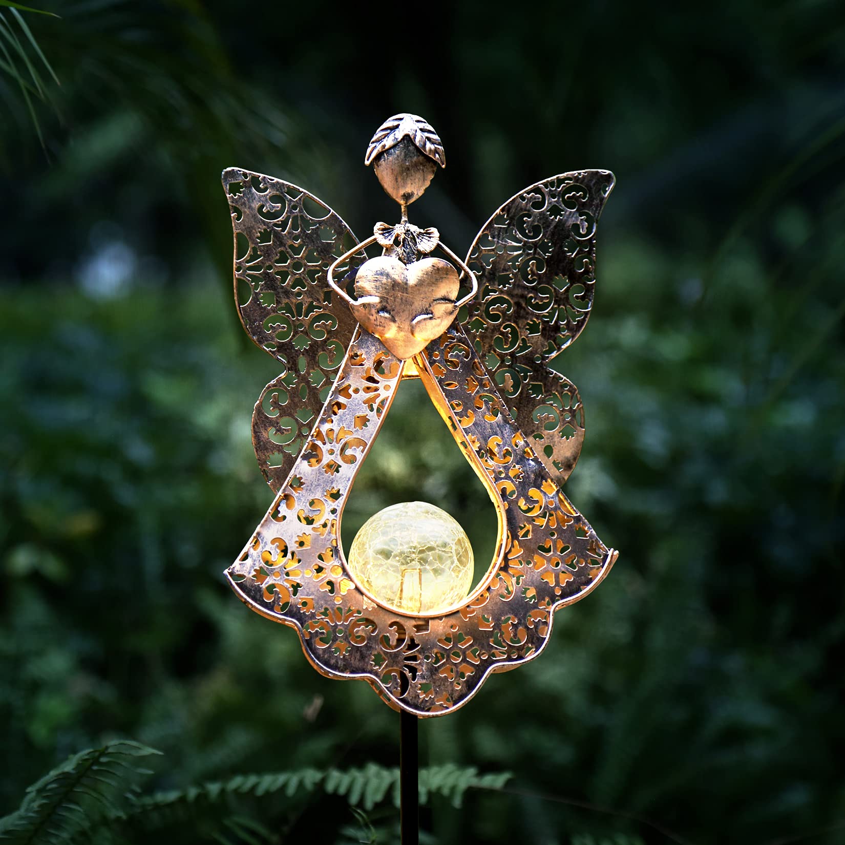 KAIXOXIN Solar Stake Lights for Garden, Metal, Warm White, Angel-Bronze, Hummingbird Model