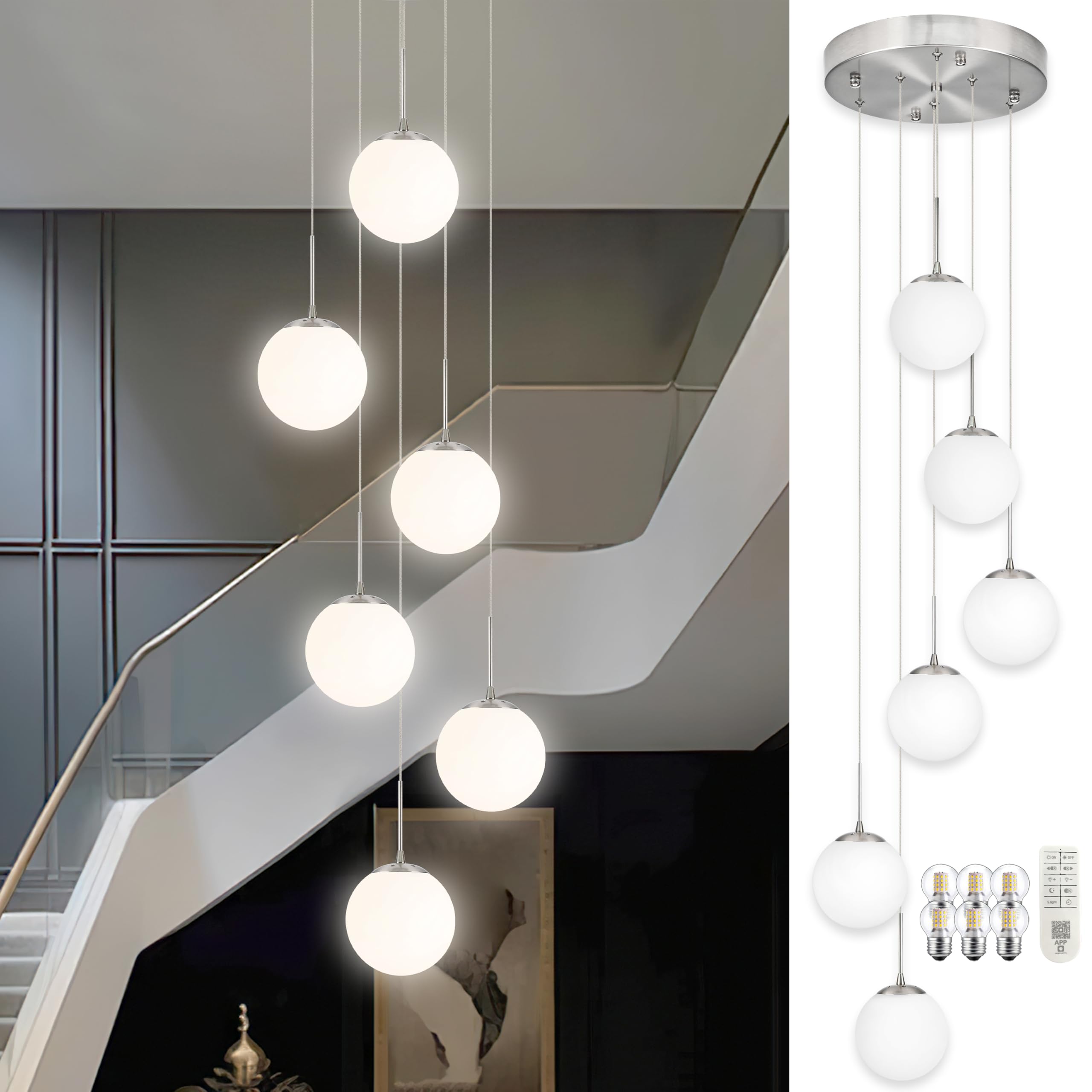 KoKo&Yukina Globe Pendant Light 6 Light Nickel Globe Pendant Lights Kitchen Island Mid Century Light Fixture with Milky White Gl
