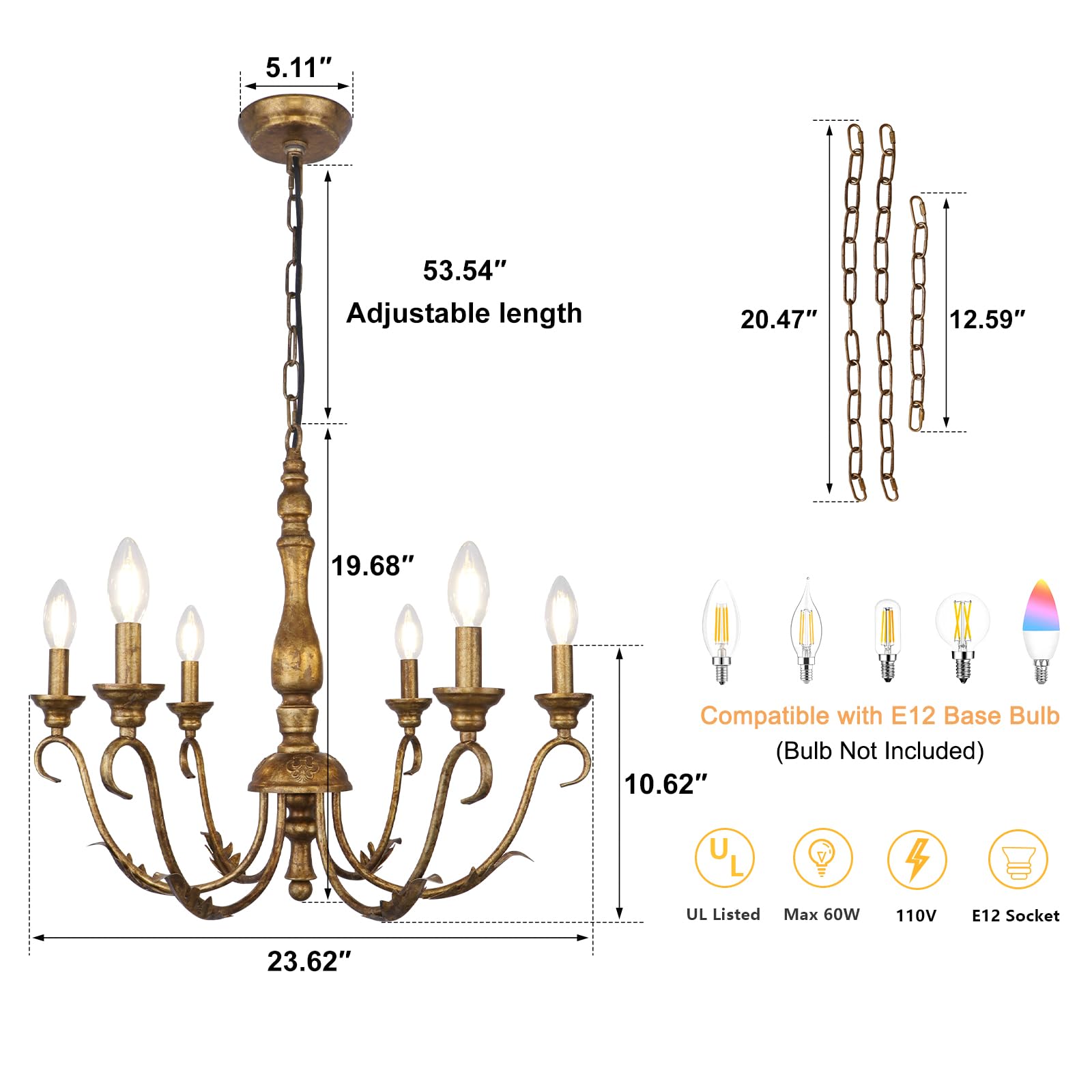 Kmaipem 6-Light Farmhouse Chandelier, 23.62'' Vintage Gold Chandeliers For Dining Room, Adjustable Rustic Metal Hanging Pendant