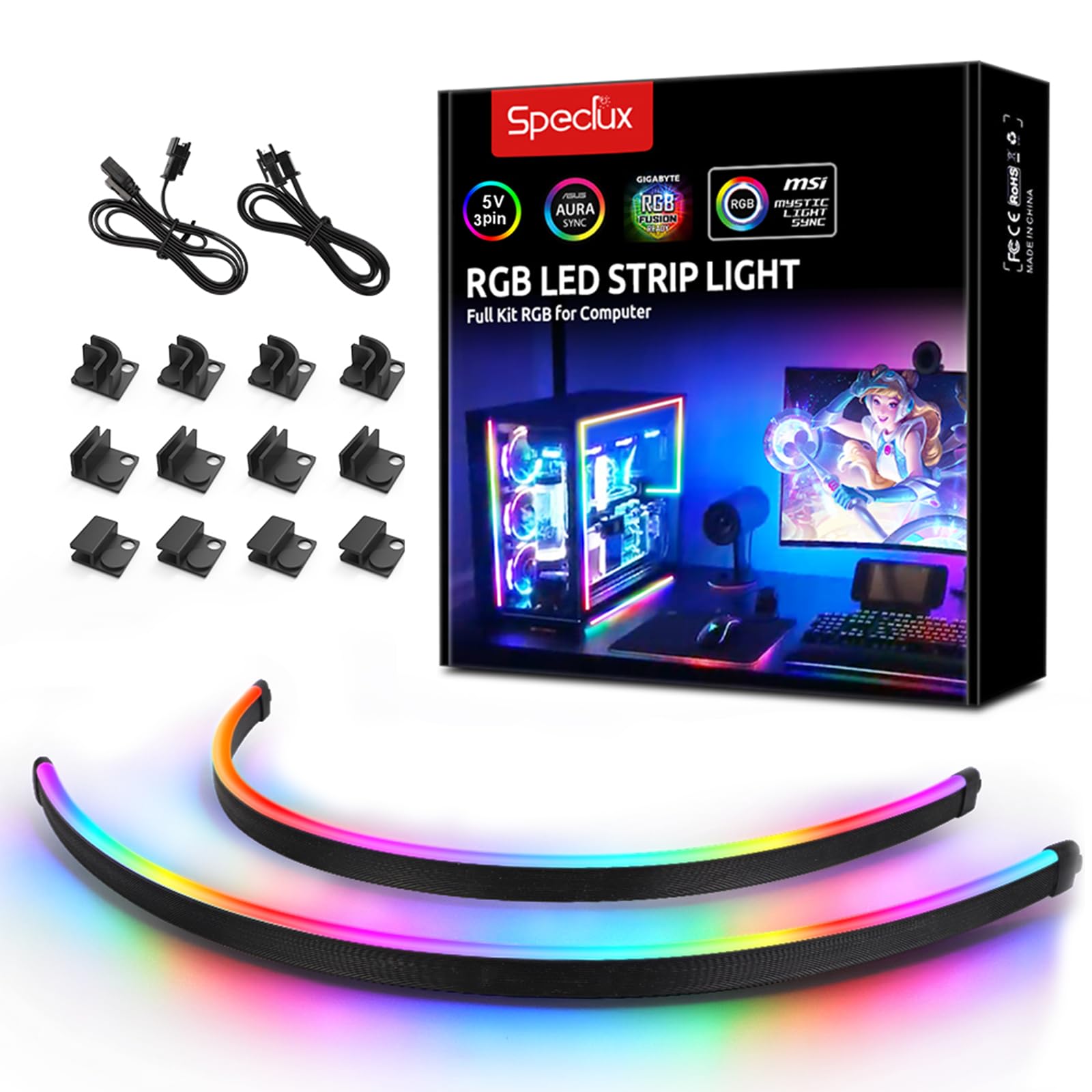 Speclux NEON Addressable RGB LED Strip, 2x15.7inch, WS2812, 3-pin 5V, with Magnetic Brackets, Model BS-PC028-28